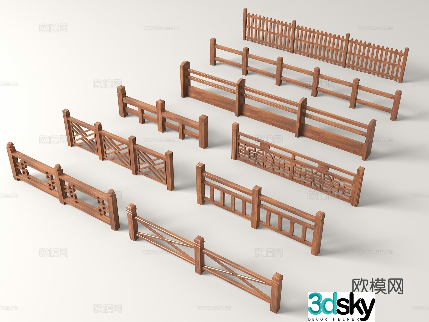 Chinese style wooden railing wooden railing river railing bridge railing fence fence fence guardrail 3d model