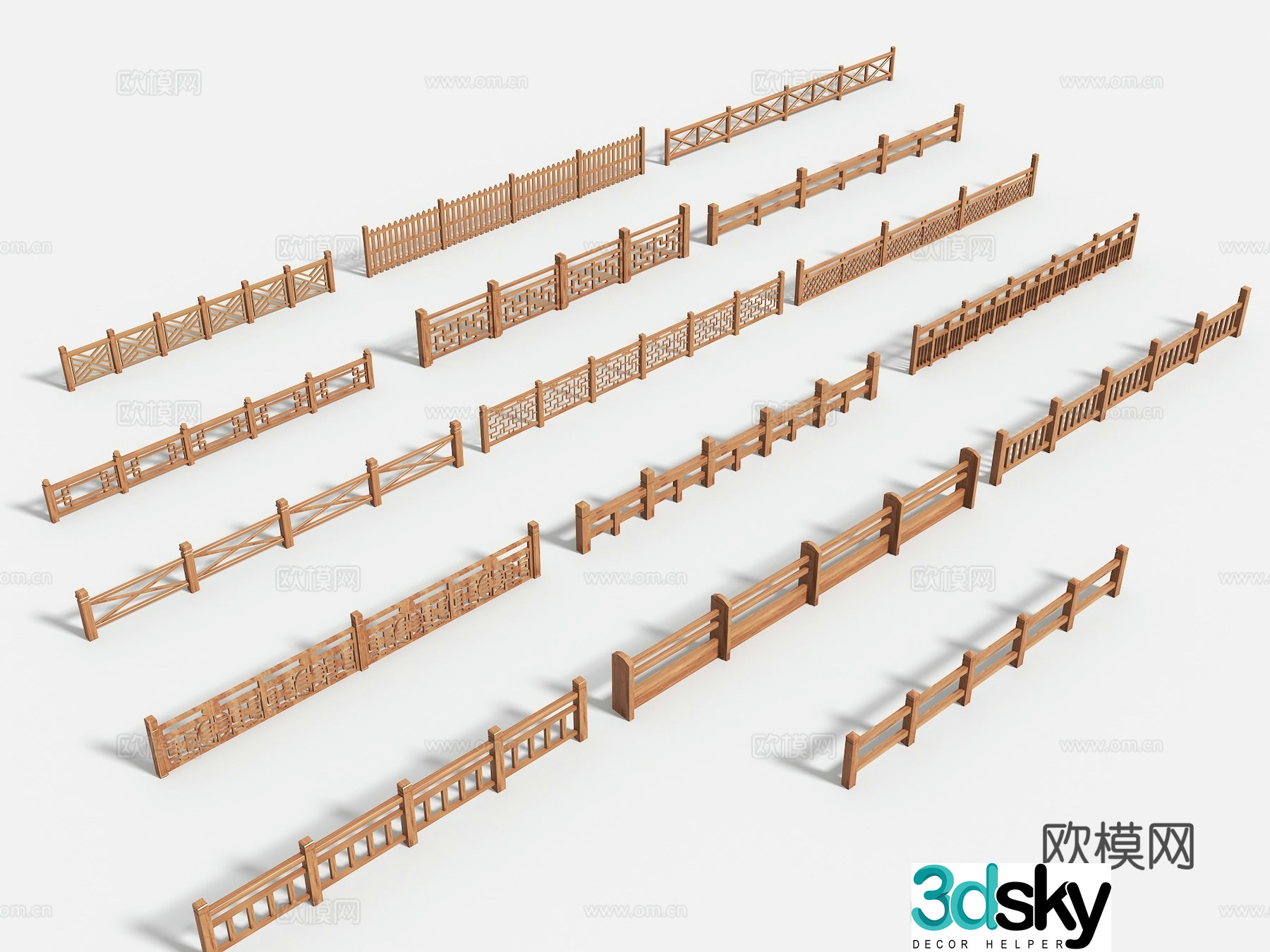 Chinese style wooden railing wooden railing river railing bridge railing fence fence fence guardrail 3d model