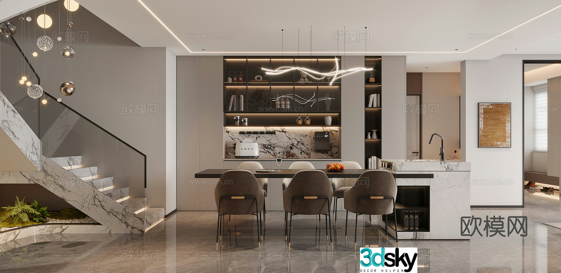 Modern living and dining room 3d model
