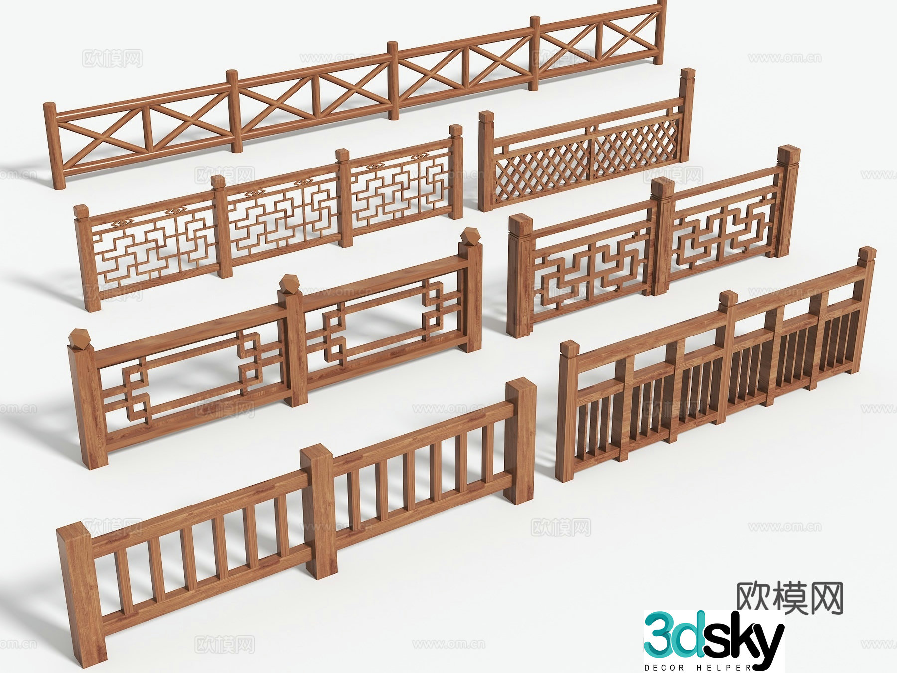 Chinese style wooden railing wooden railing river railing bridge railing fence fence fence guardrail 3d model