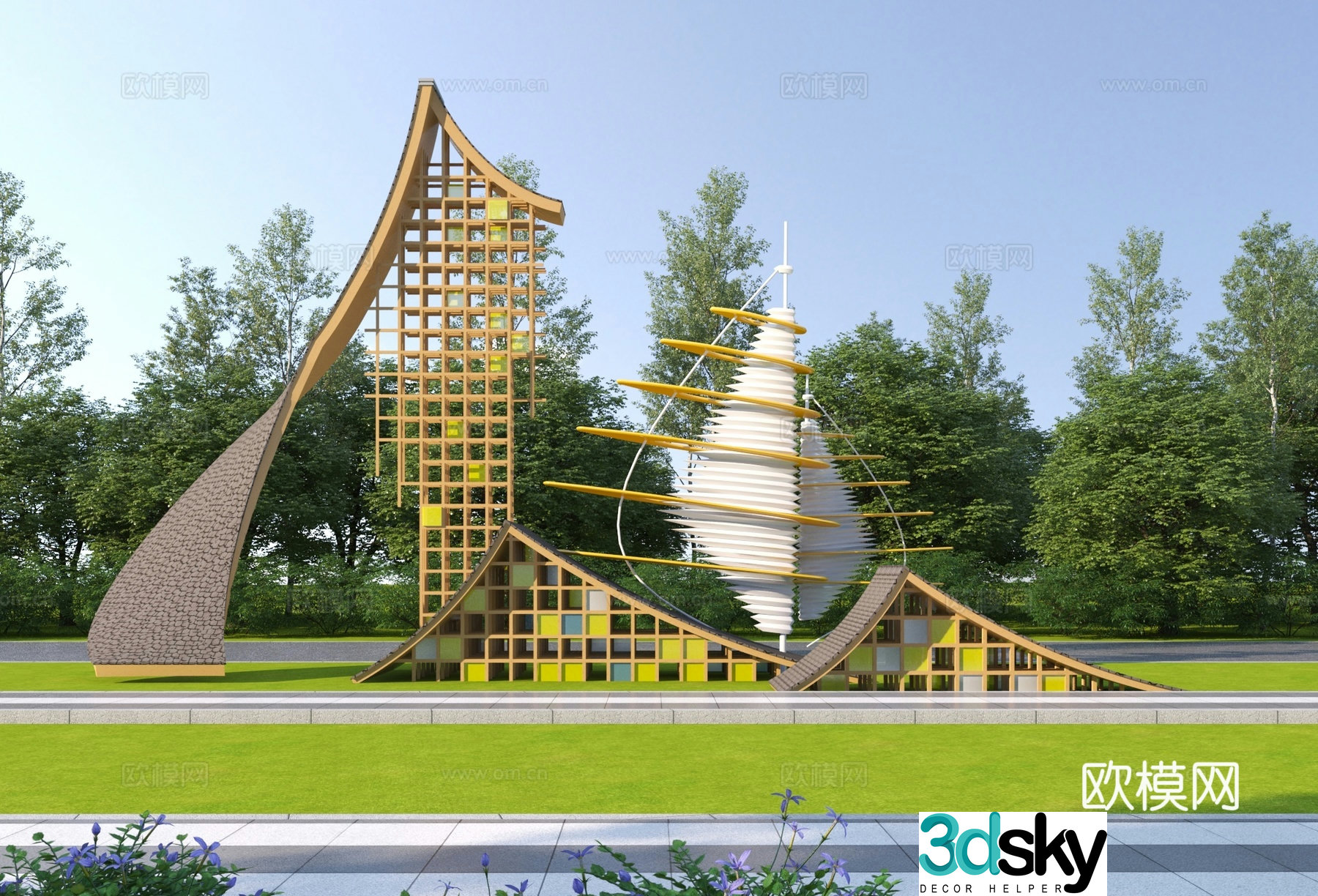 New Chinese-style sculpture fishing village cultural sculpture 3D model