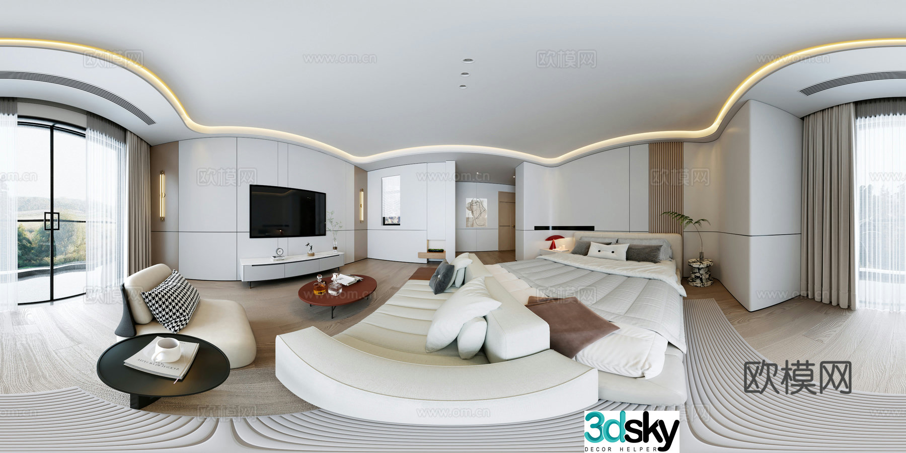 Modern minimalist bedroom vr panoramic 3d model