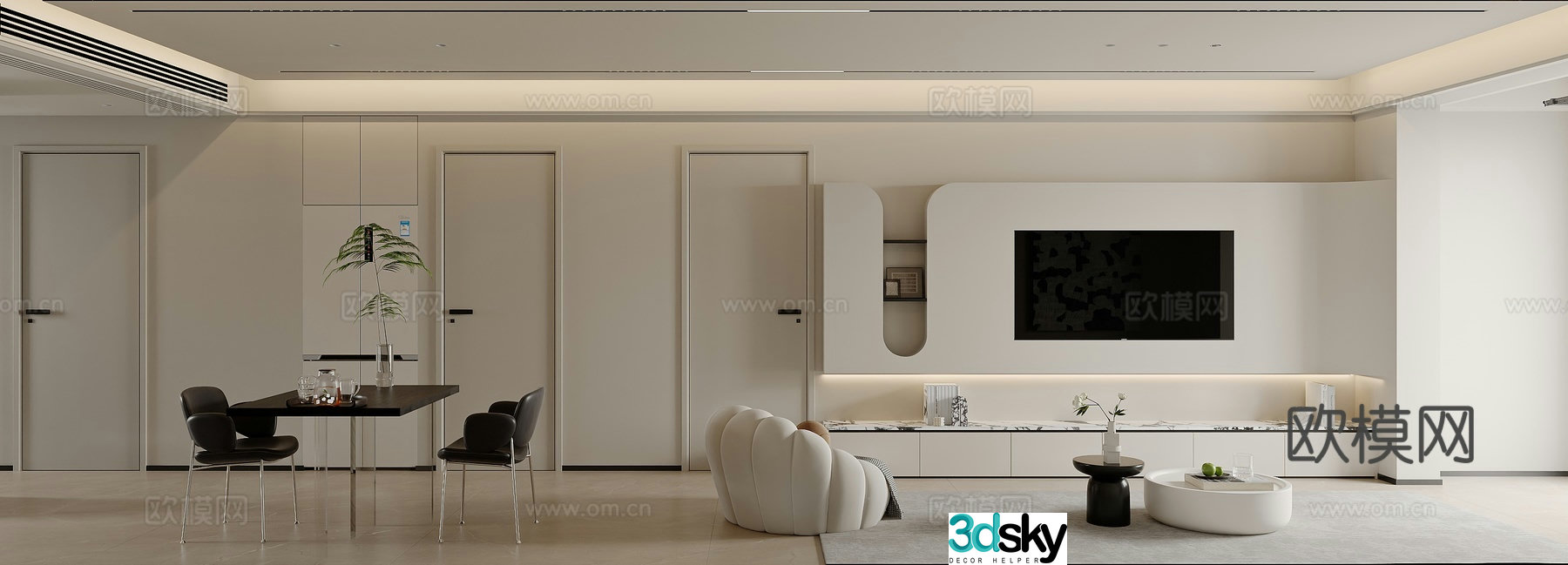Modern living and dining room 3d model