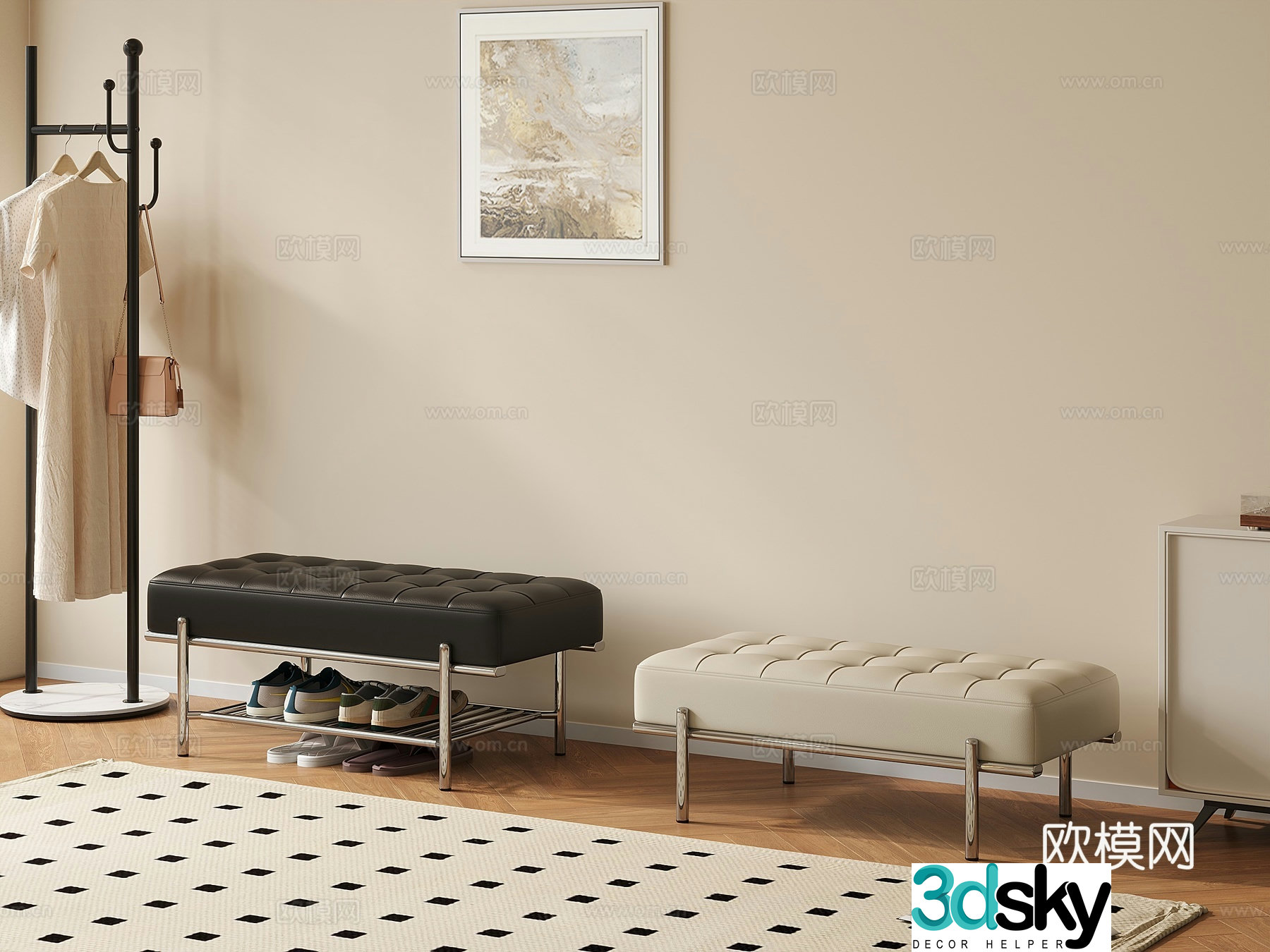 Modern shoe changing stool and clothes hanger 3D model