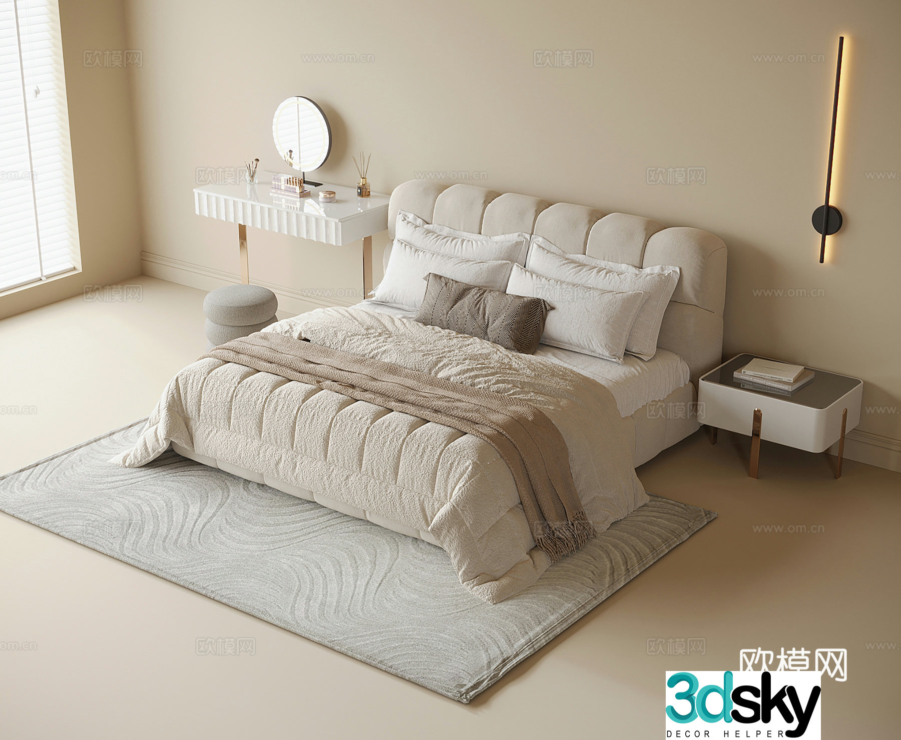 Cream style double bed 3d model