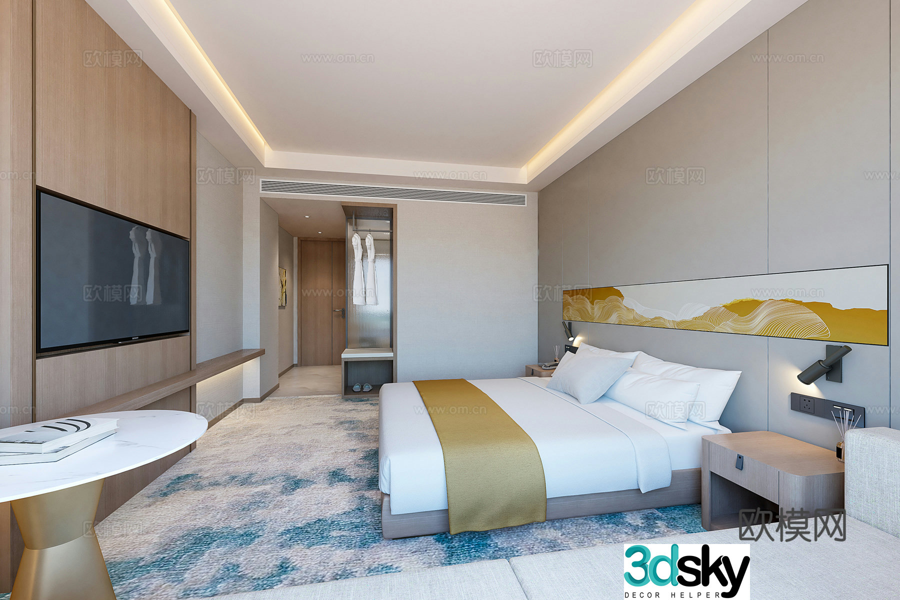 Modern hotel room double bed room 3d model