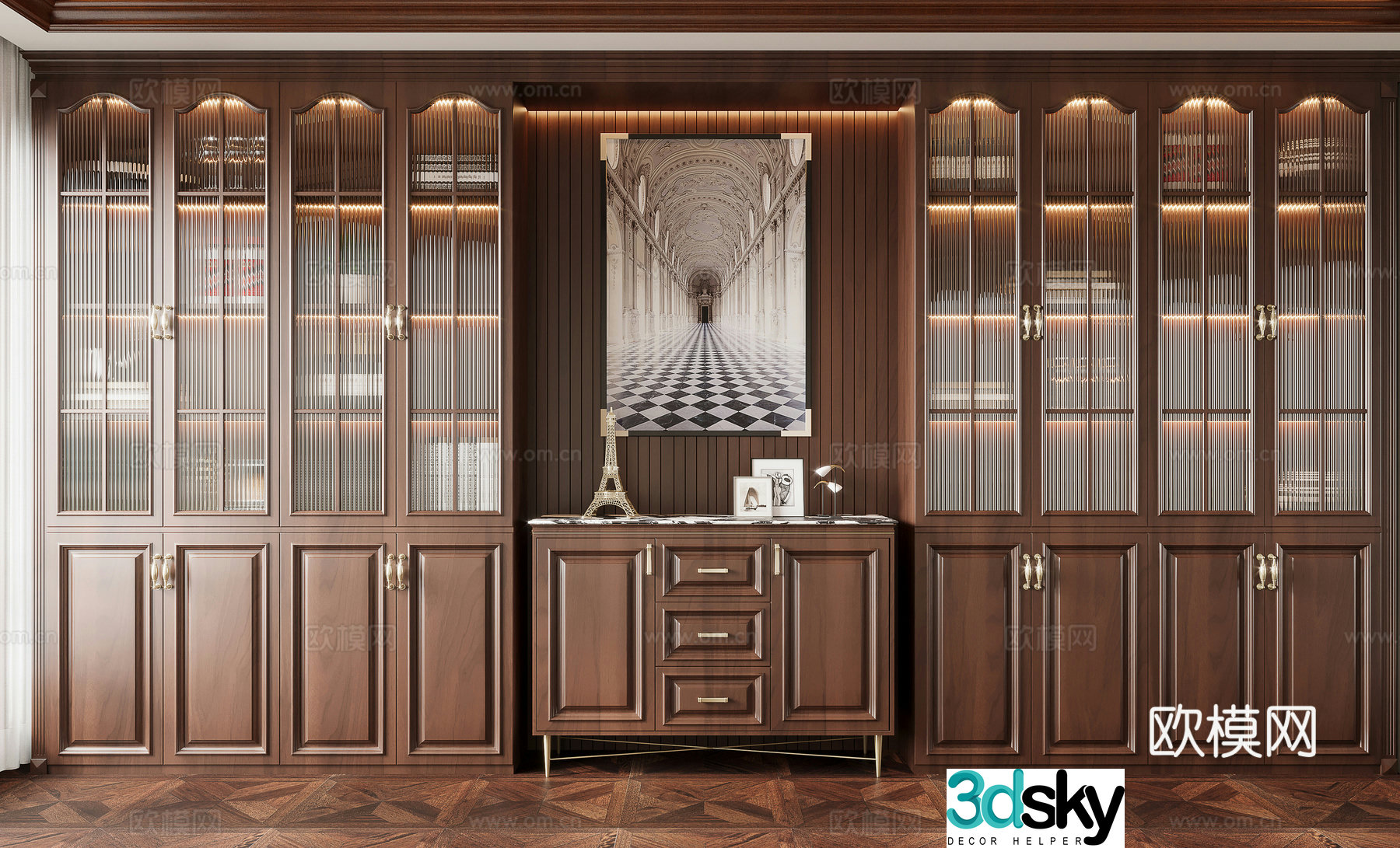 American solid wood wine cabinet glass wine cabinet 3D model