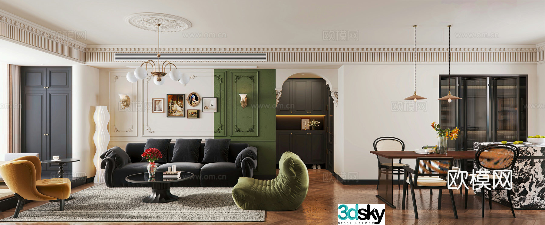 French living and dining room 3d model