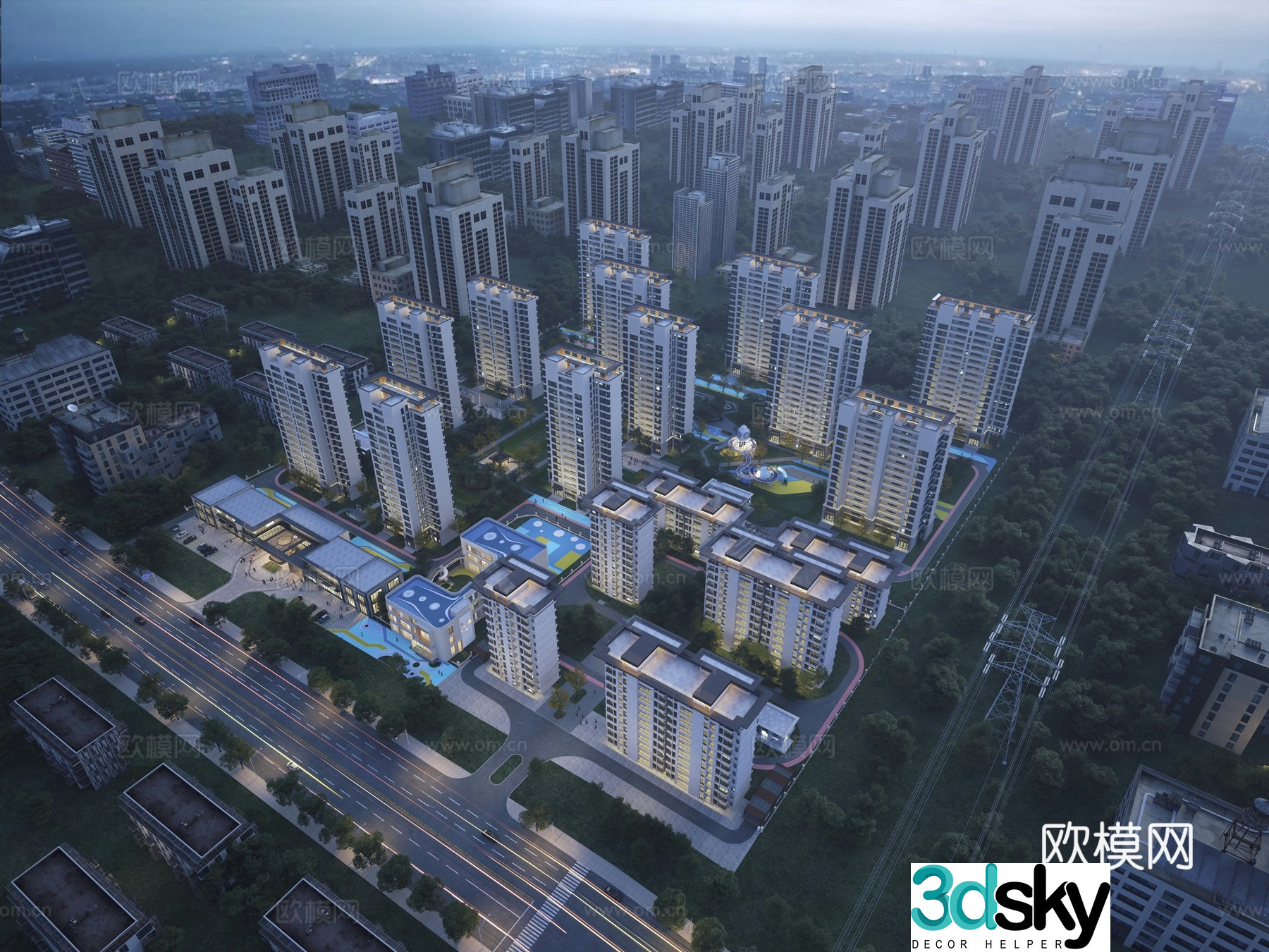 Aerial view 3D model of residential complex