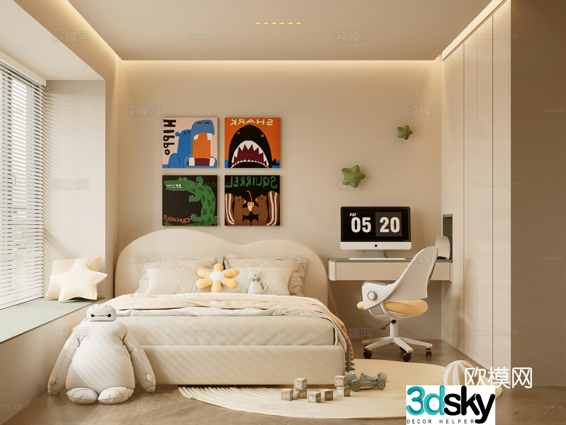 Creamy Bedroom Secondary Bedroom 3D Model