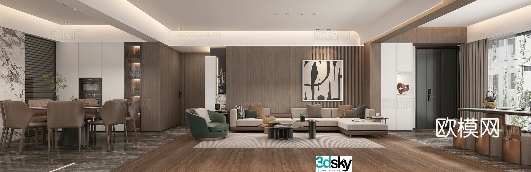 Modern living and dining room 3d model