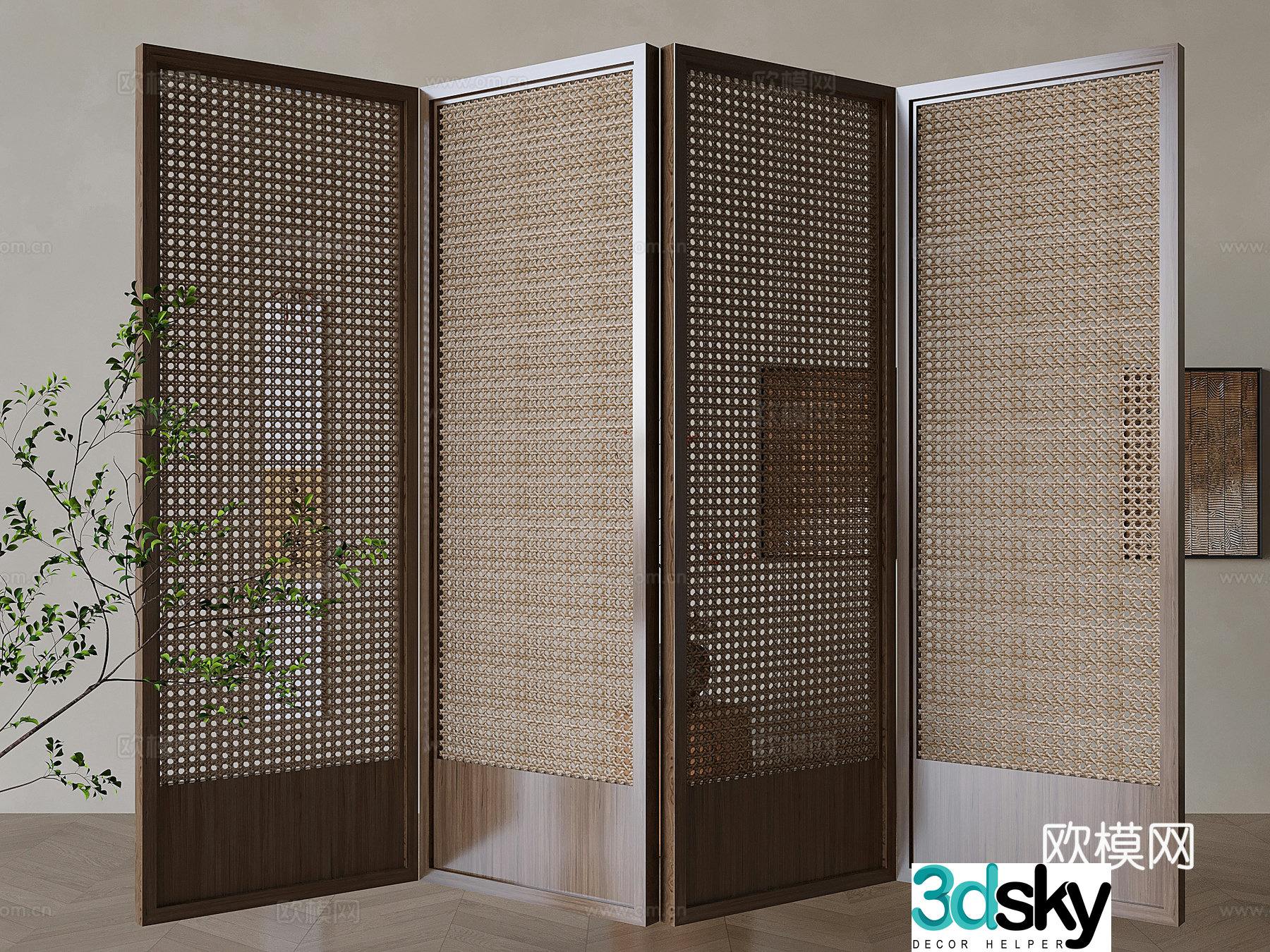 Wabi-sabi rattan folding screen 3D model