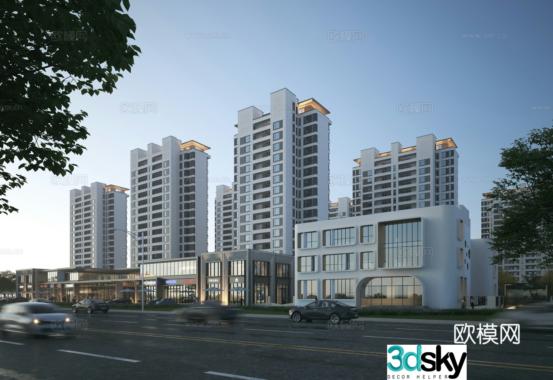 3D model of modern residential street commercial district