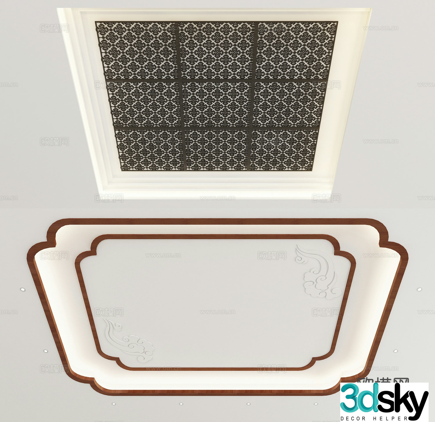 New Chinese style ceiling geometric wood grain ceiling 3D model