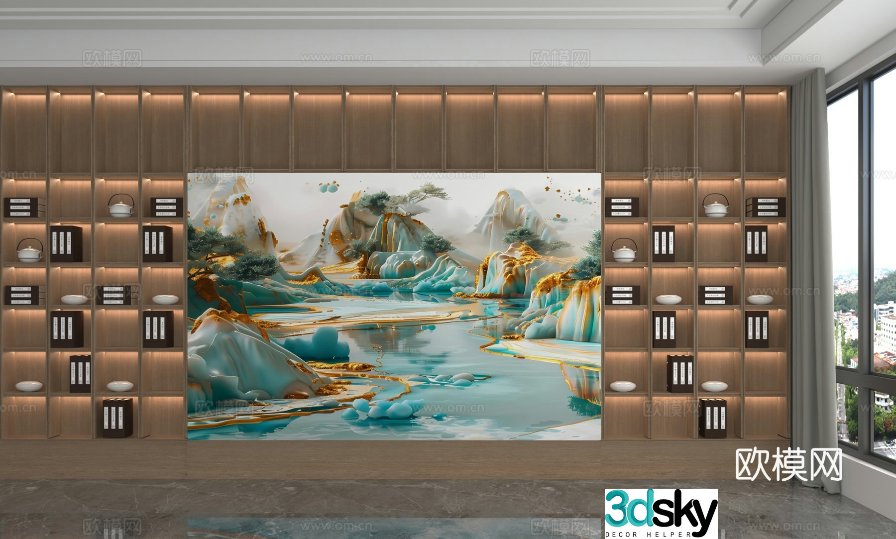 New Chinese style bookcase integrated cabinet 3D model