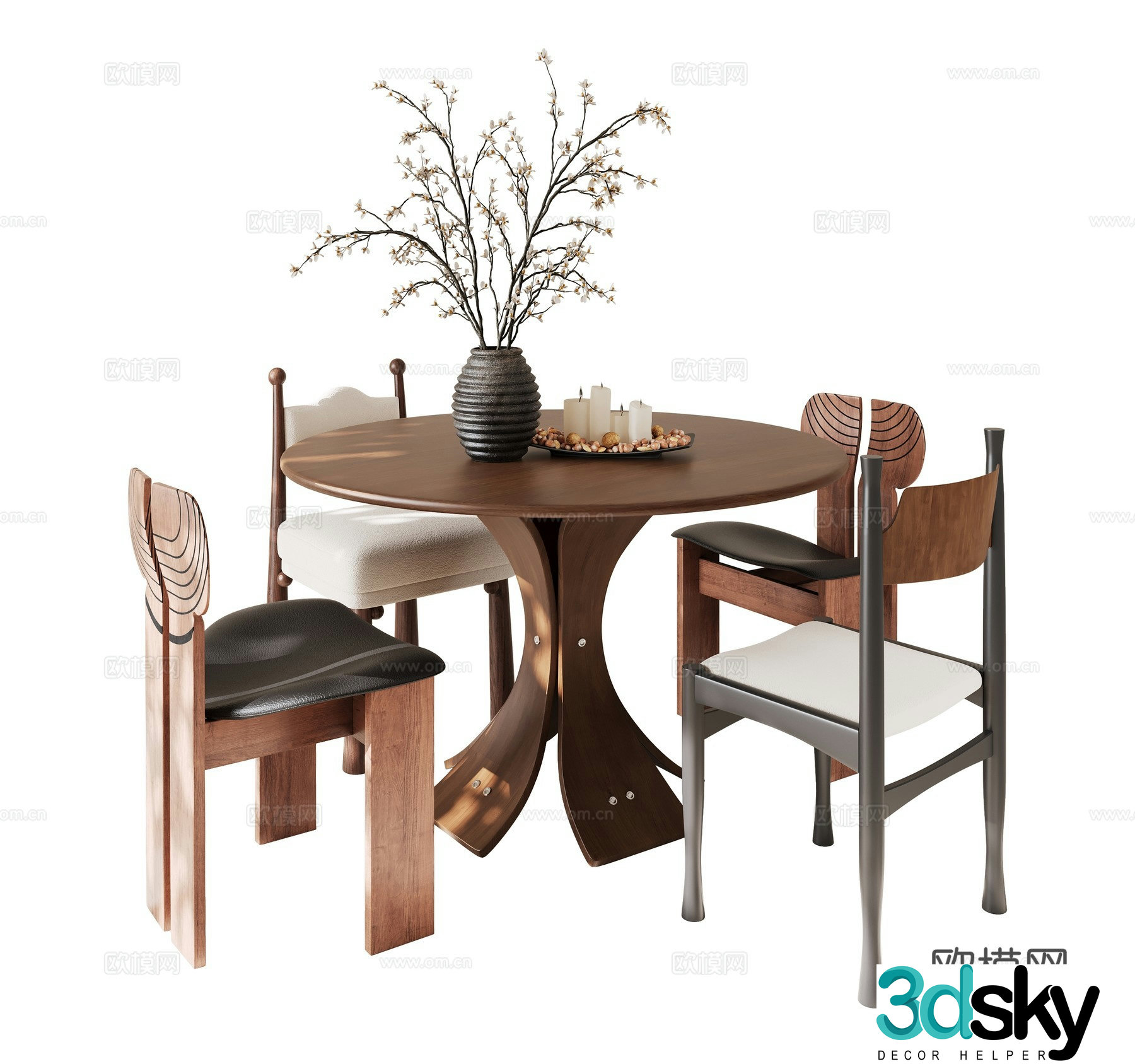 Medieval style round dining table and chairs 3D model