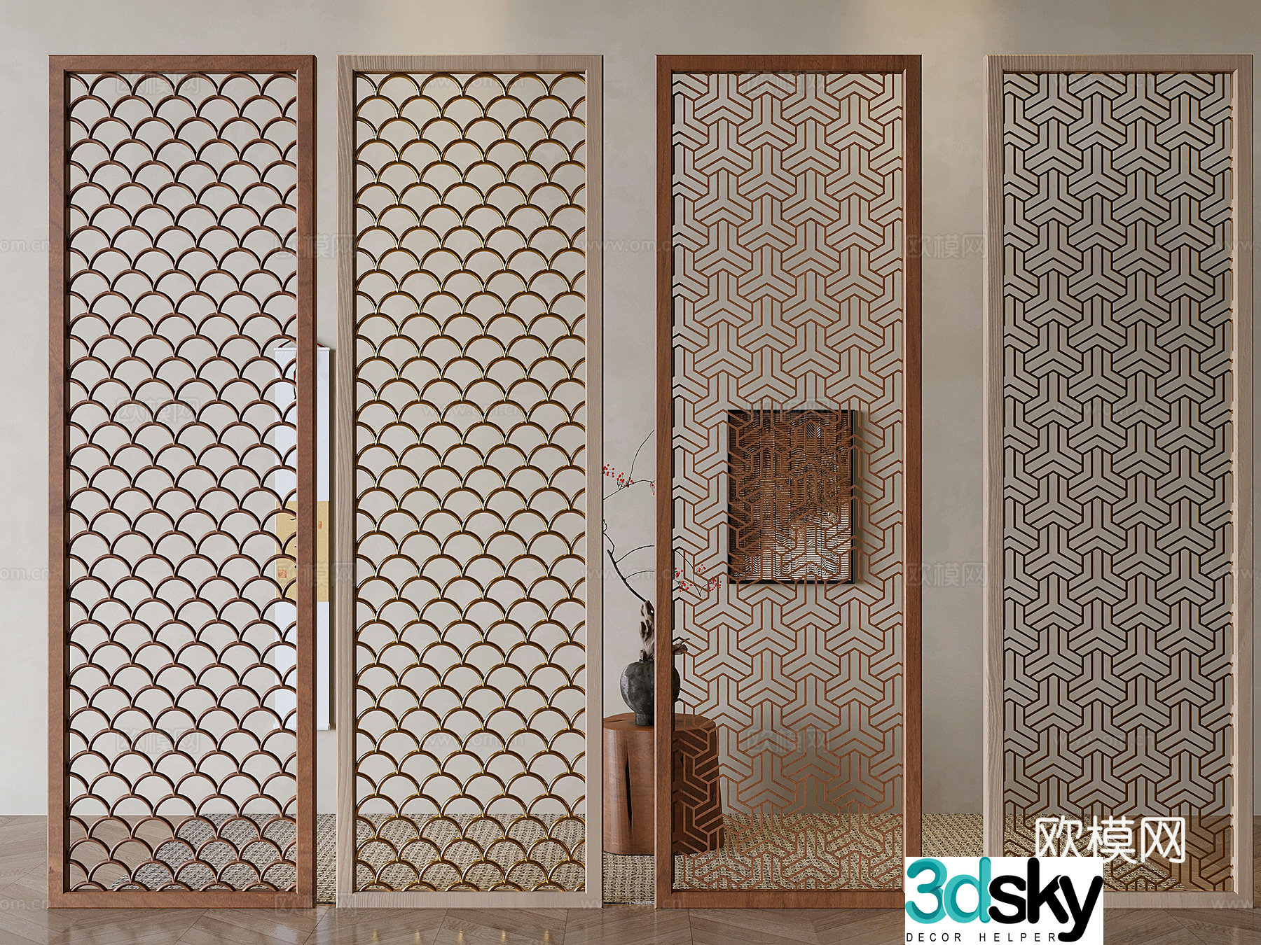 Chinese style lattice entrance partition 3D model