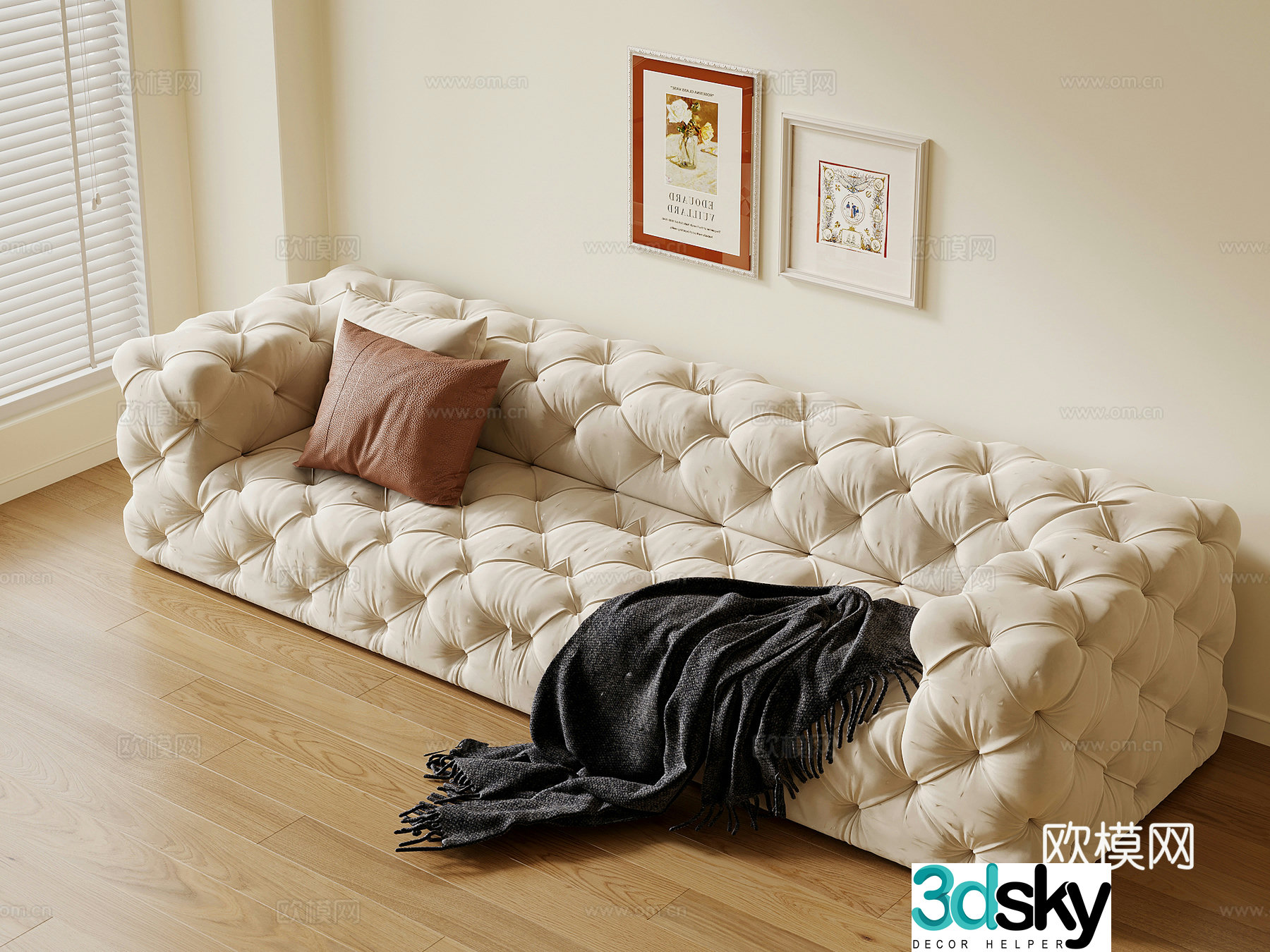 French multi-person sofa straight-row sofa 3D model
