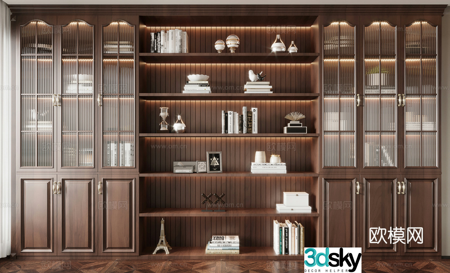 American solid wood bookshelf glass bookcase 3d model