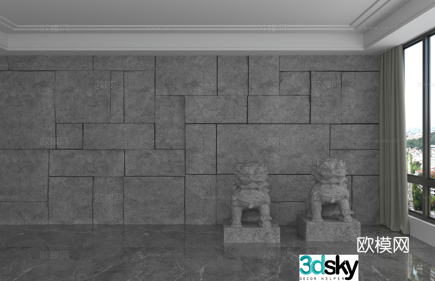 Chinese style stone wall stone lion background wall 3d model