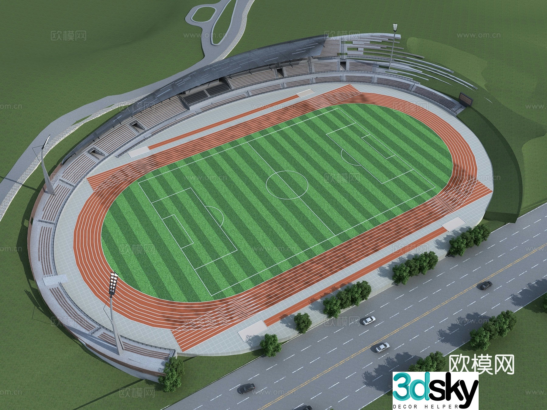 Track and field stadium aerial view 3d model