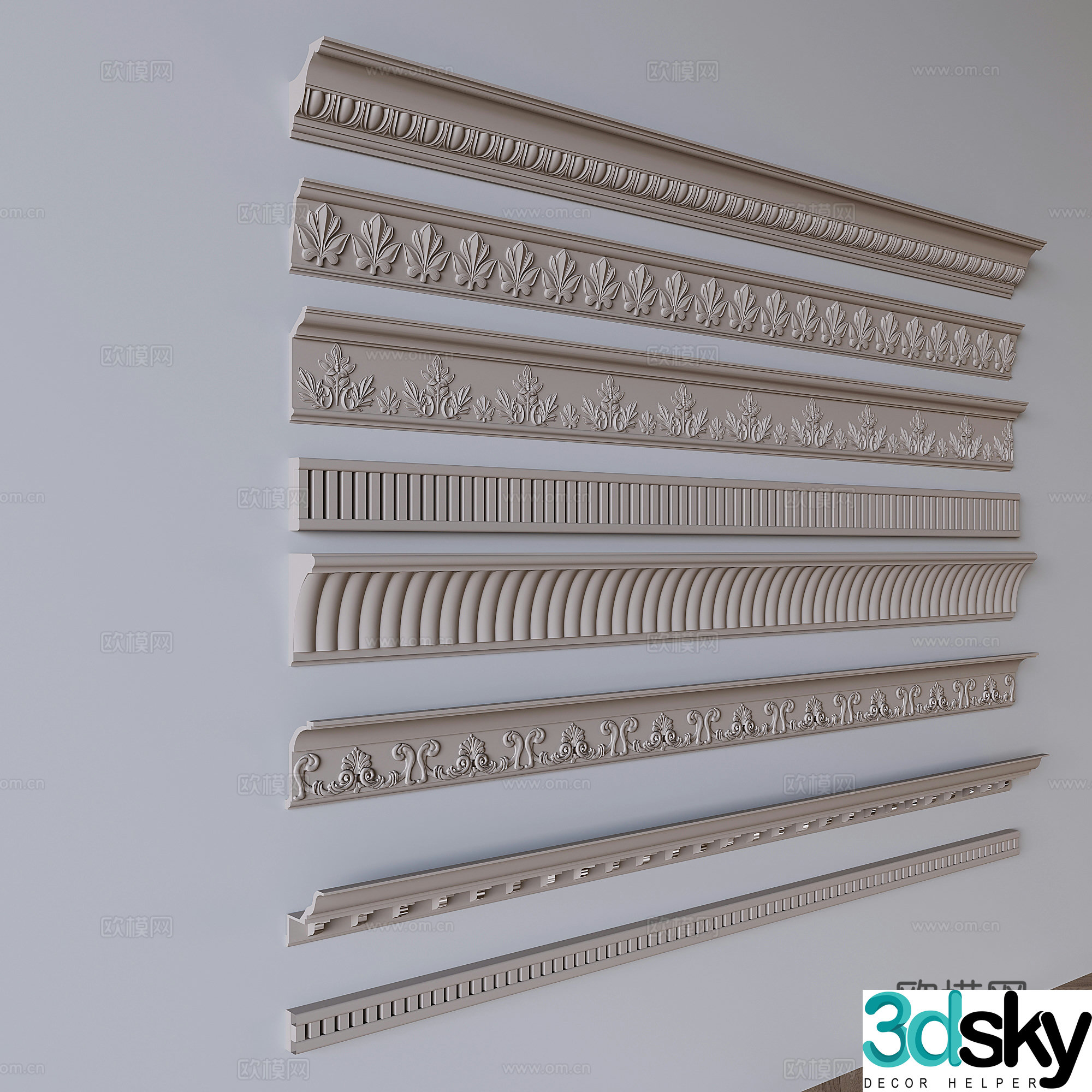 French carved plaster lines waistline 3D model