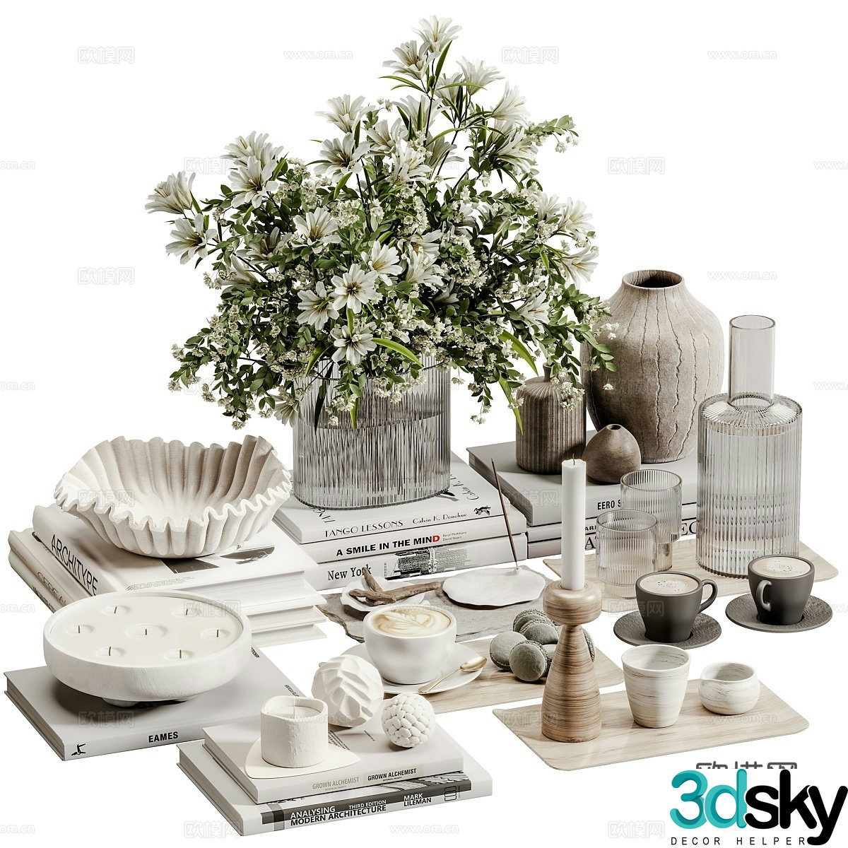 Modern decorations tableware books vases 3D model