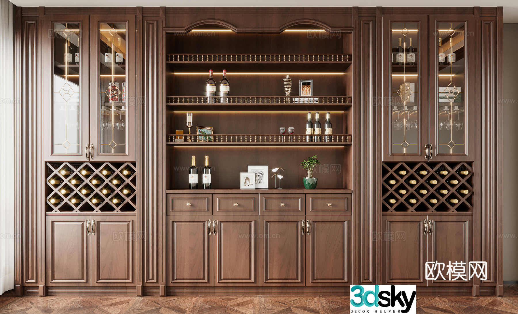 American solid wood wine cabinet glass wine cabinet 3D model