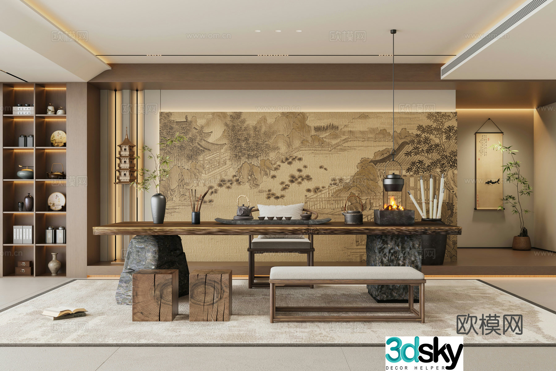 New Chinese Tea Room Zen Tea Room 3D Model