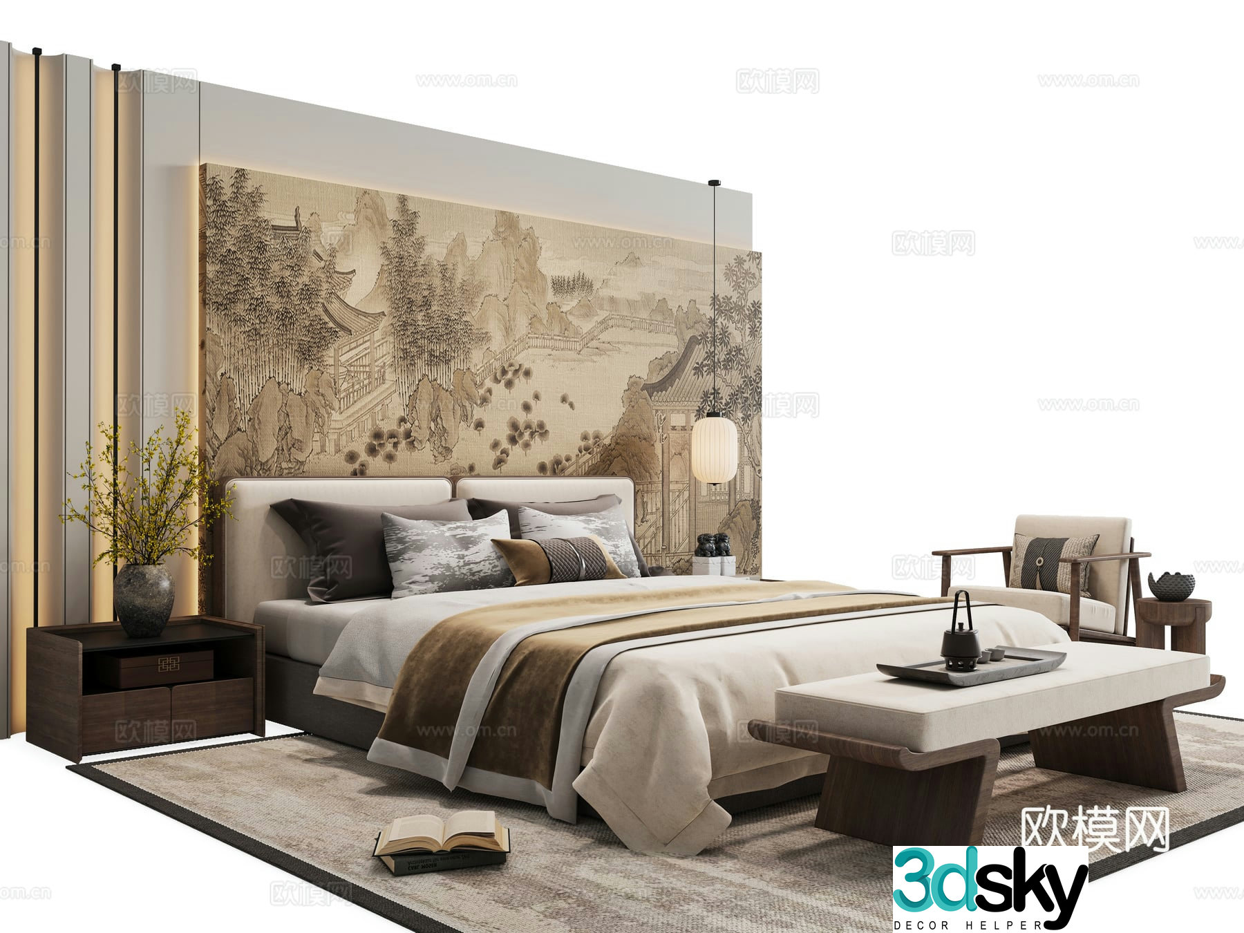 New Chinese style double bed 3d model