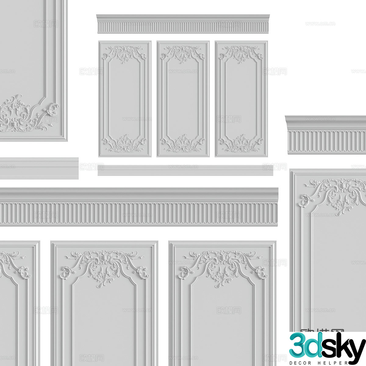 European carved wainscot background wall decorative background wall 3D model