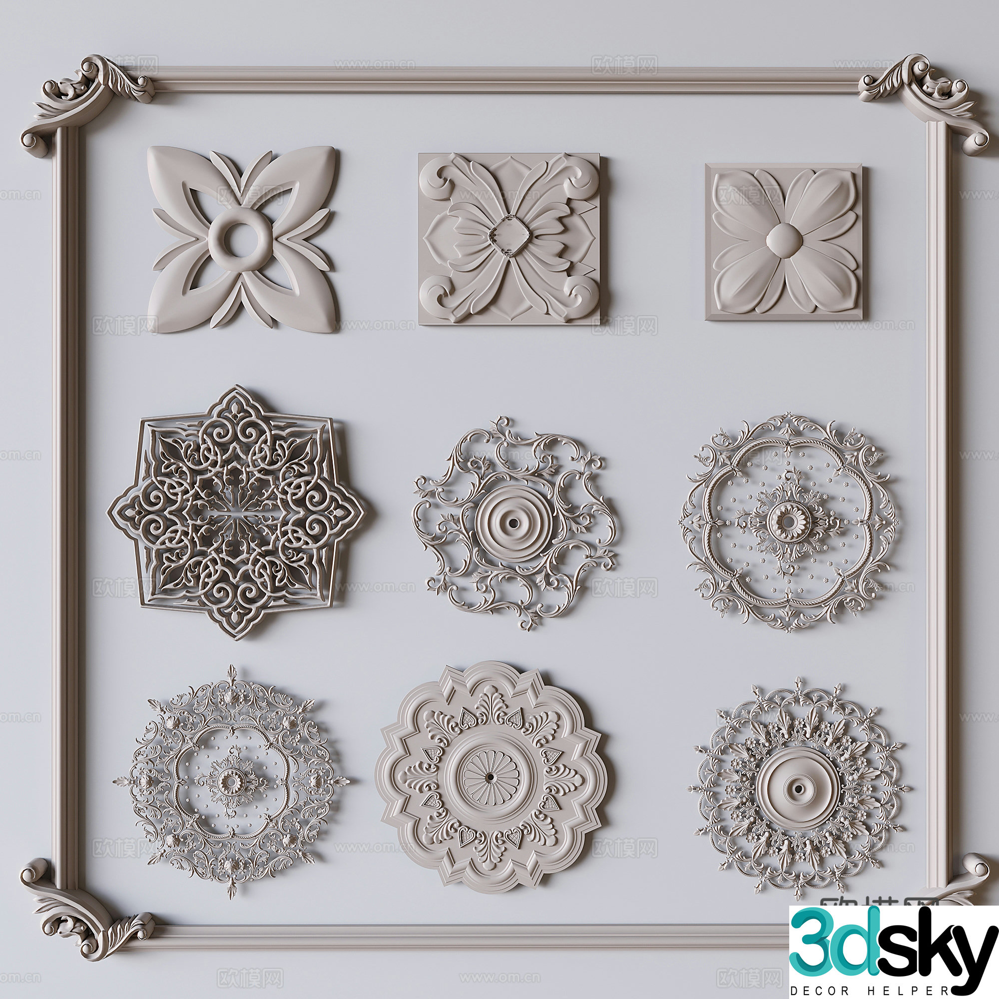 French carved lamp panel mosaic plaster lamp panel 3D model