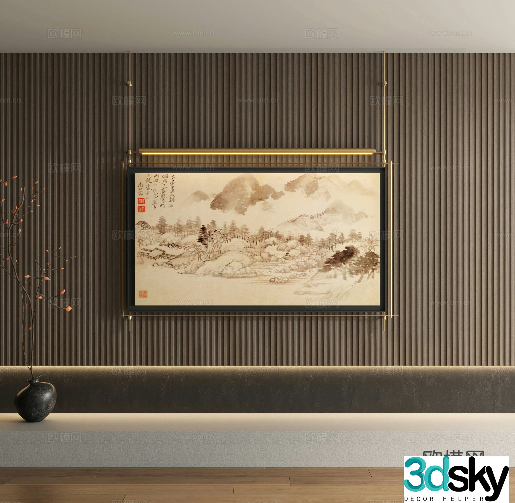 New Chinese style ink painting metal rod decorative painting 3D model