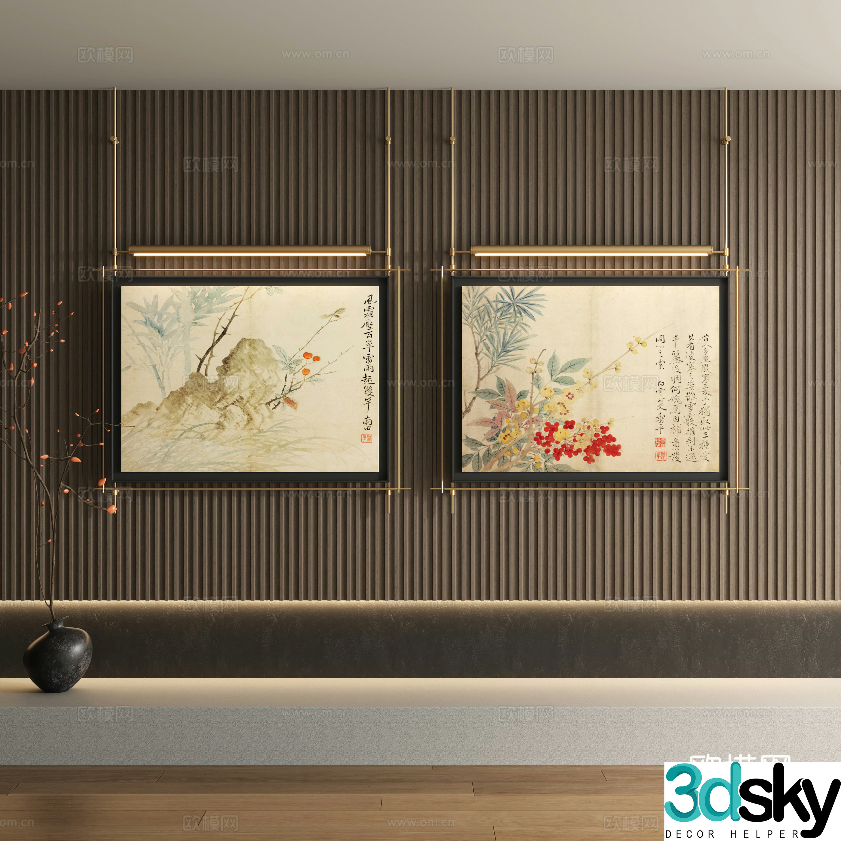New Chinese style ancient painting metal pole decorative painting 3D model