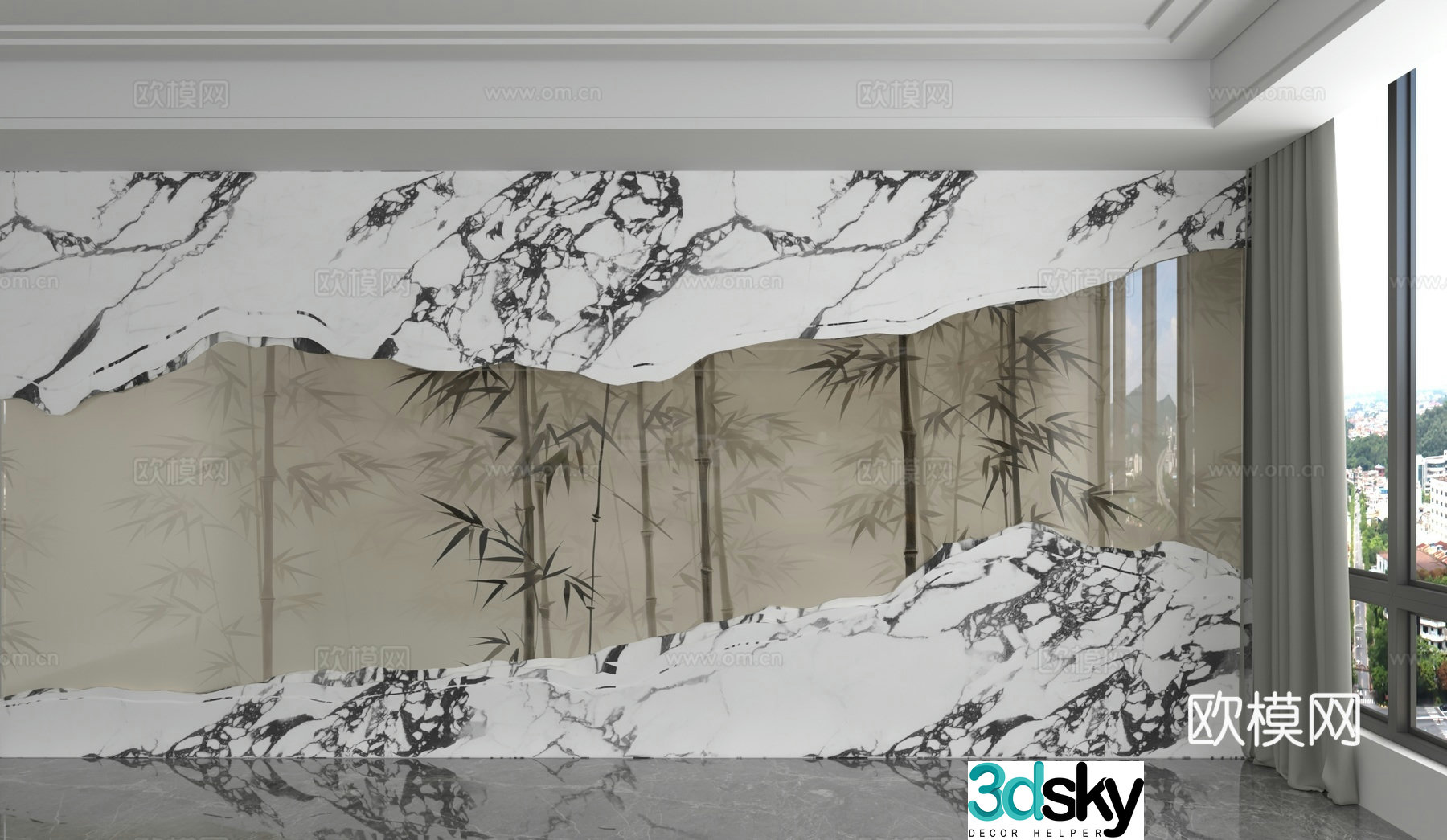 New Chinese style ink bamboo background wall 3d model