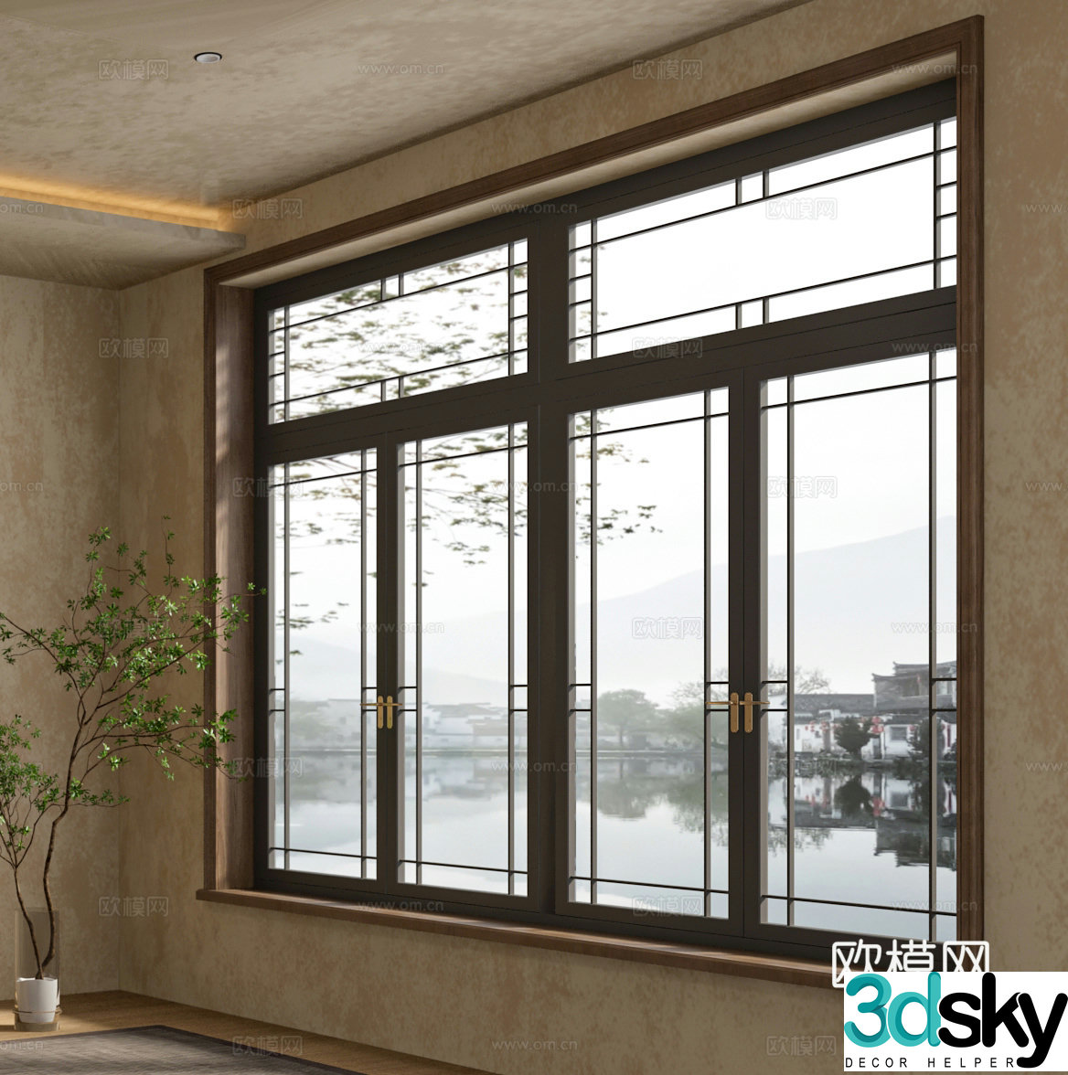 New Chinese style lattice window wooden window balcony window 3d model