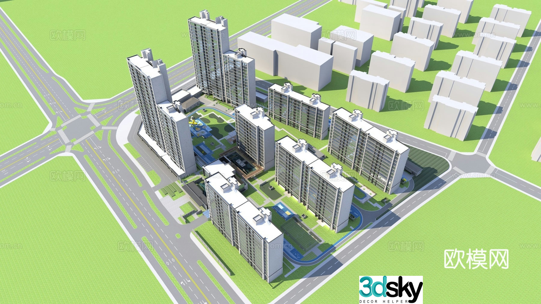 Aerial view 3d model of modern residential complex