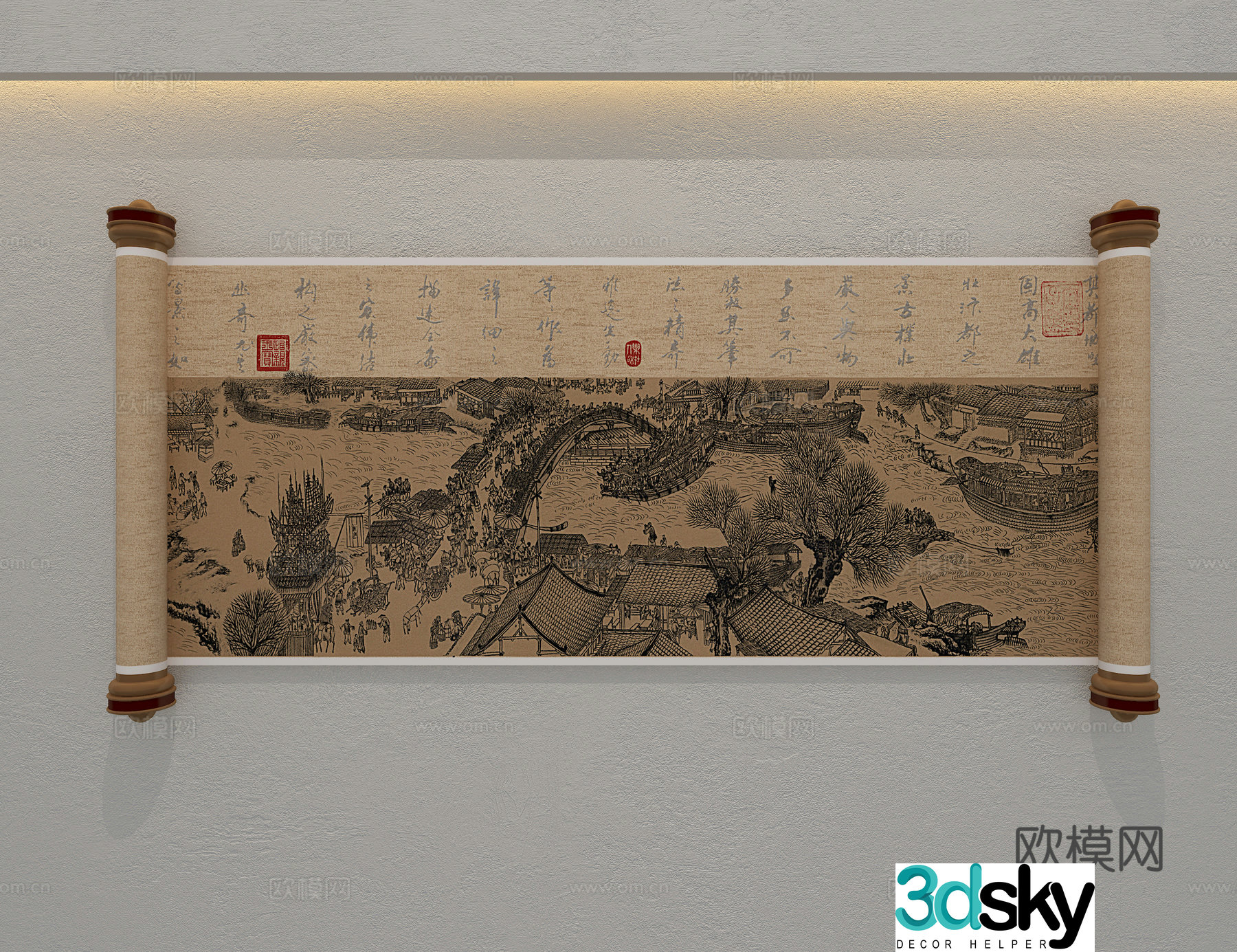 New Chinese architectural painting scroll Zen painting 3D model