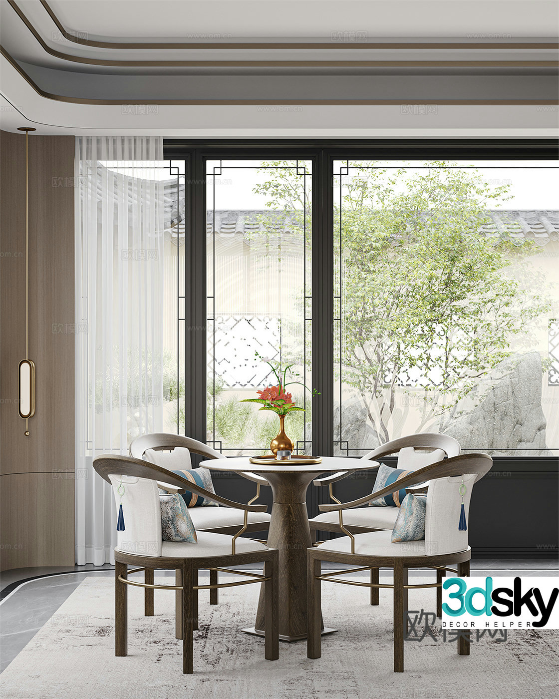 New Chinese dining table and chairs 3d model
