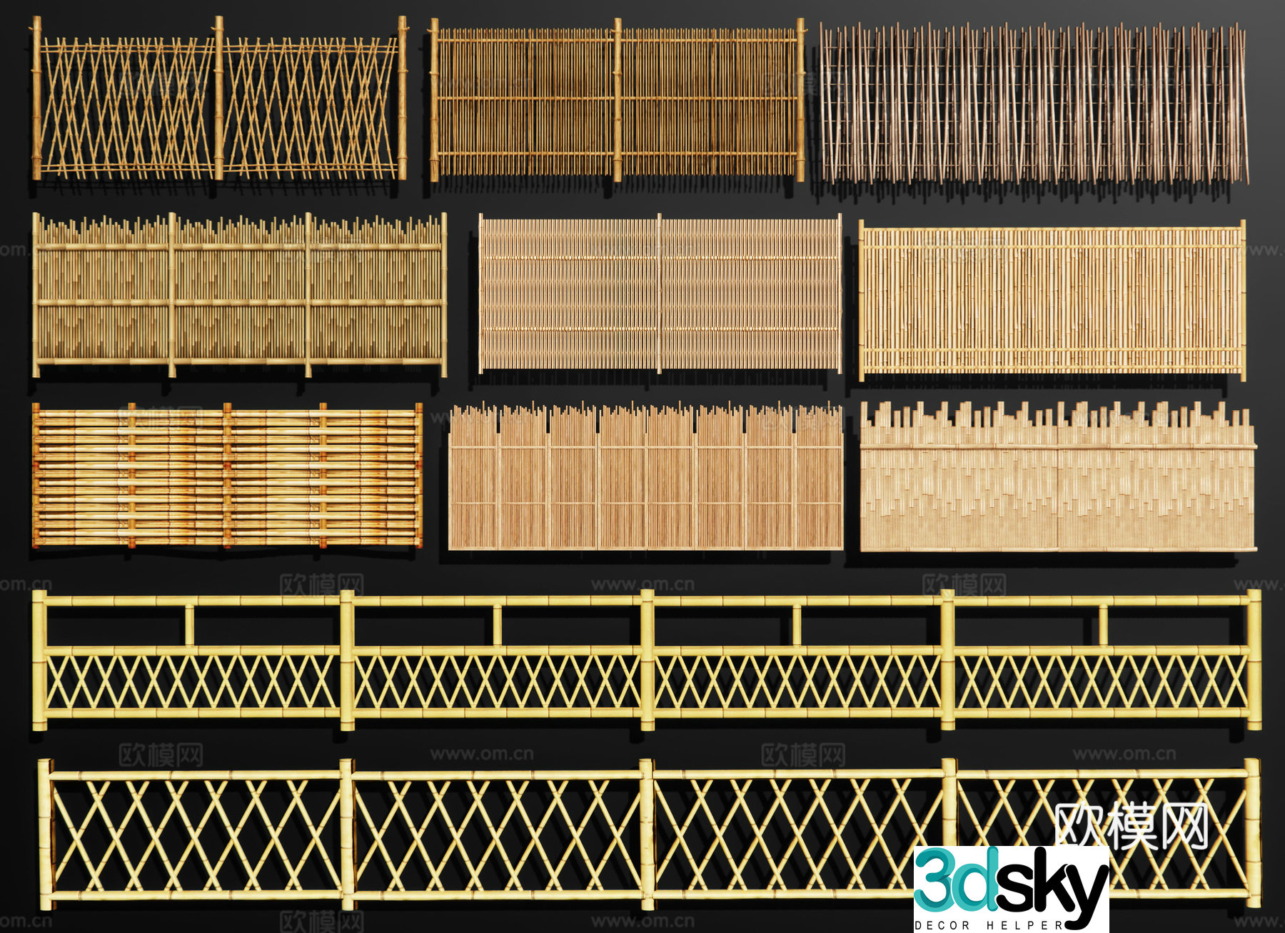 Chinese style bamboo fence wooden fence wooden railing wooden fence grille bamboo wooden guardrail 3d model