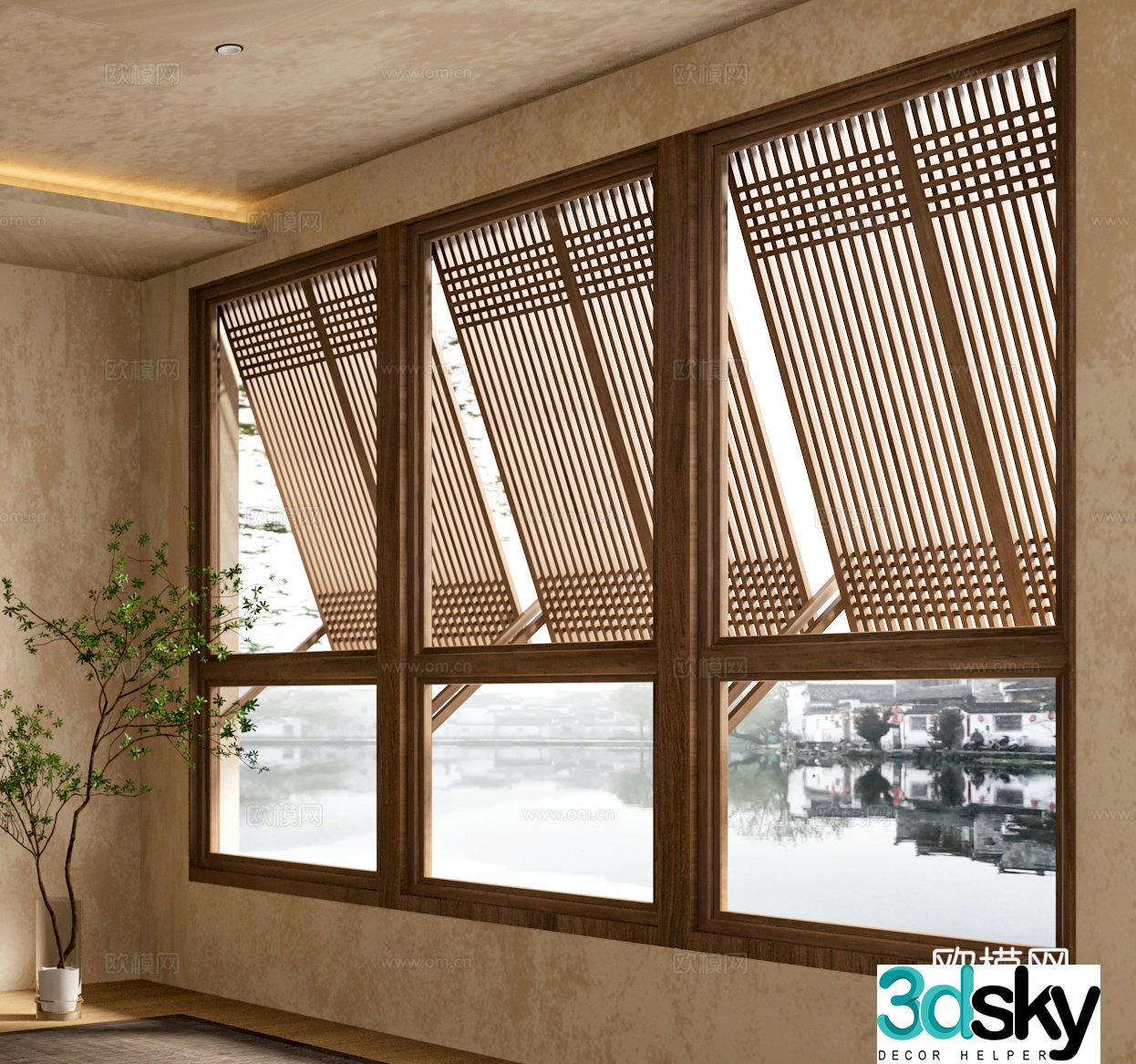 New Chinese style grille window folding window 3d model