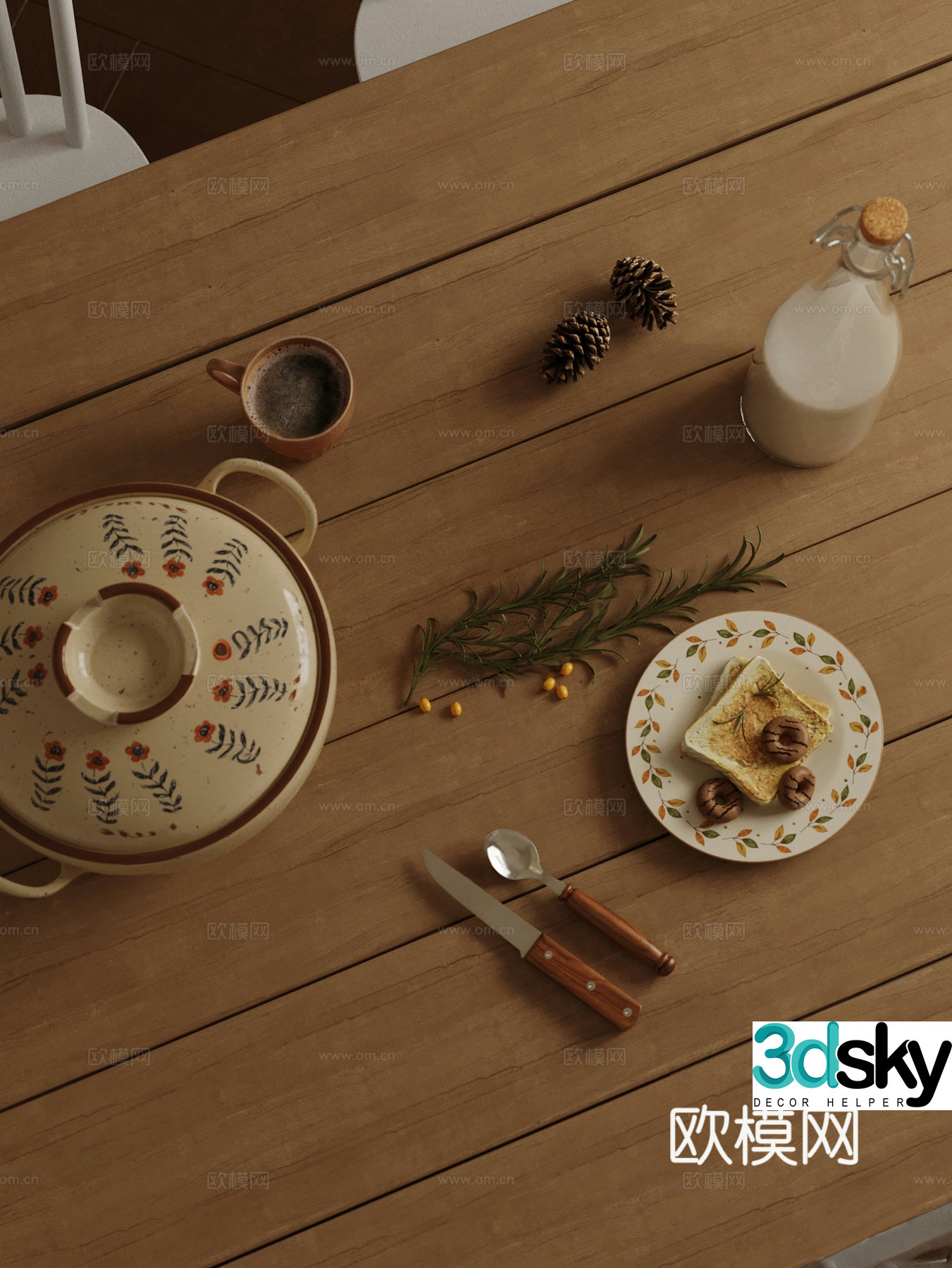 Modern tableware knife and fork breakfast food 3d model