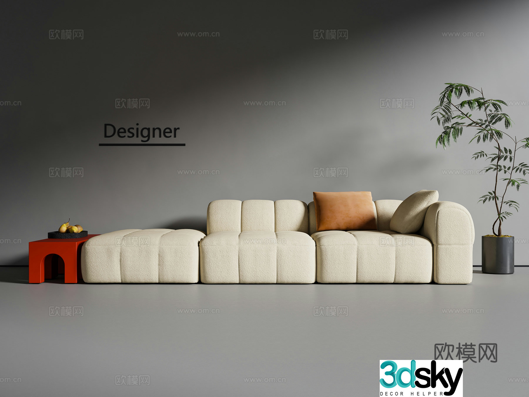 Cream style three-seat sofa 3D model