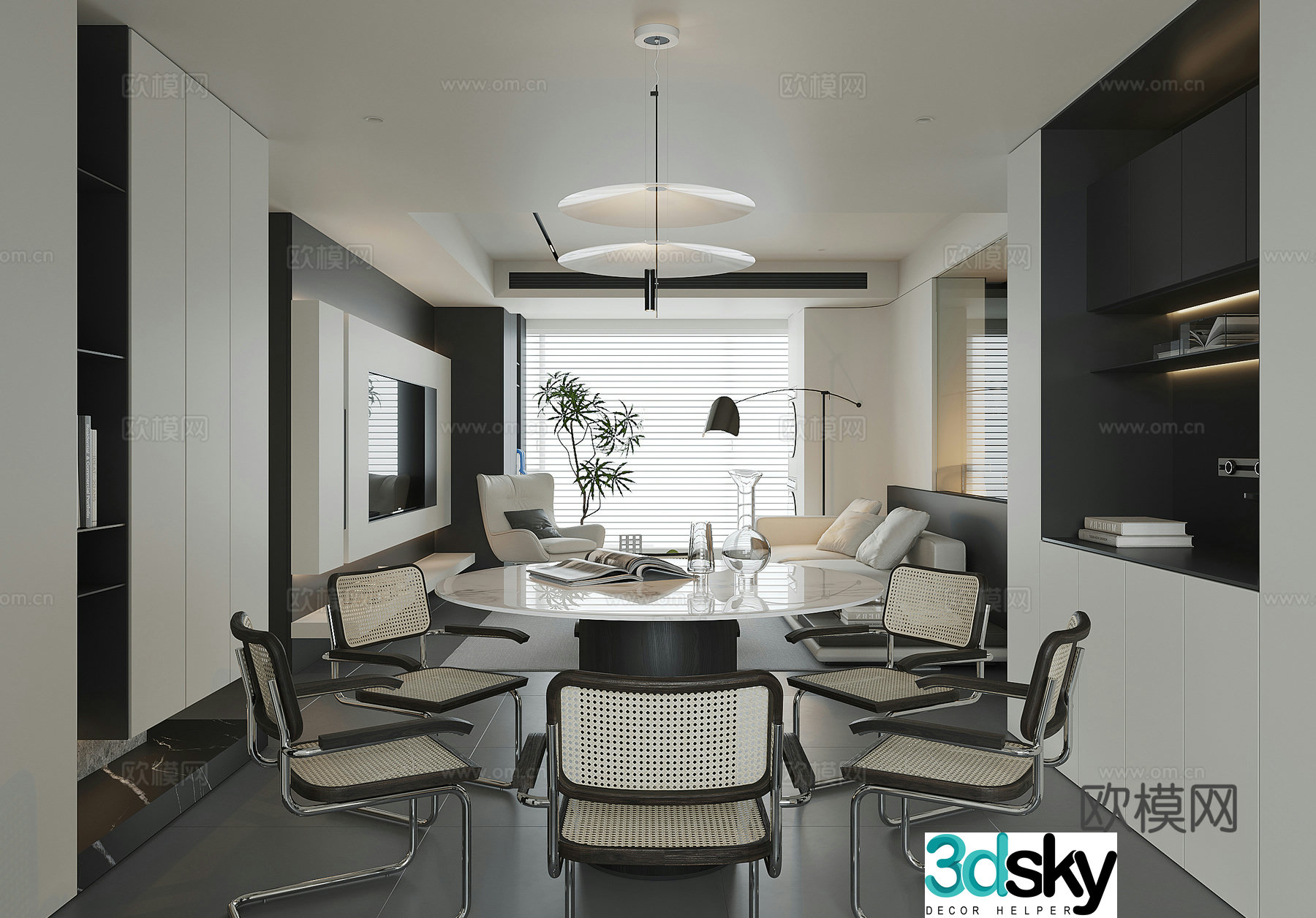 Modern living and dining room 3d model