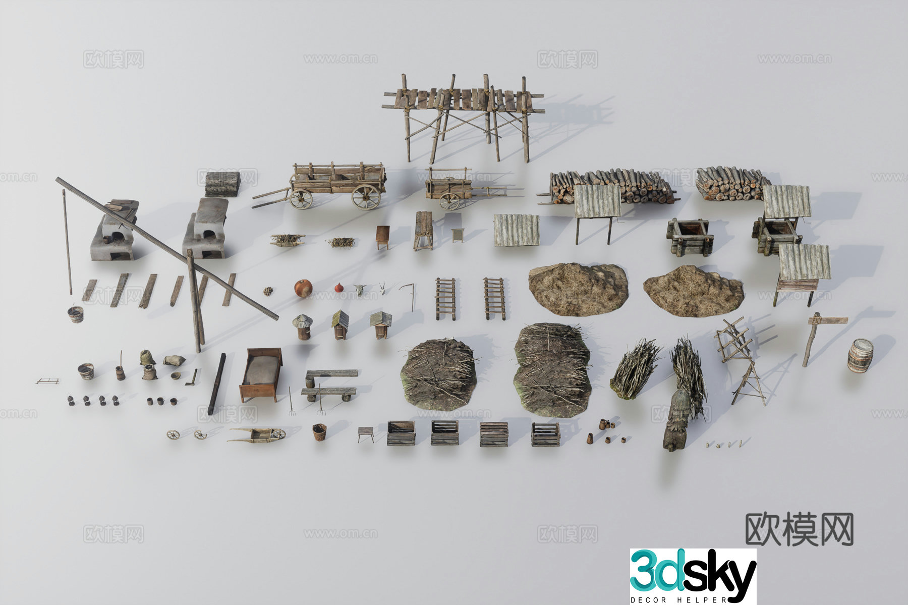 Medieval Wooden Objects Folklore Sketch 3D Model