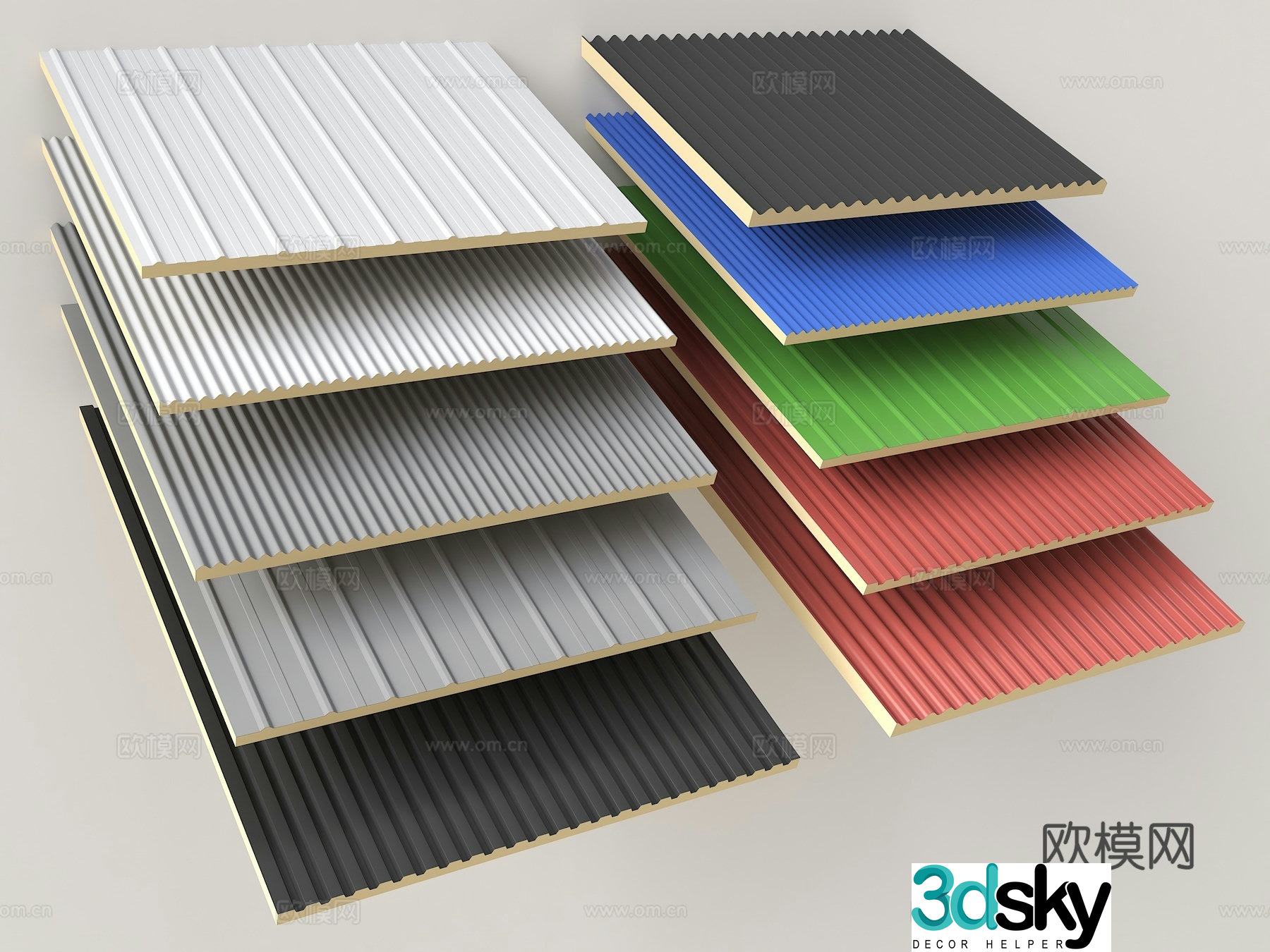 Modern color steel tile simple house roof iron tile thermal insulation corrugated plate iron plate tile awning 3D model