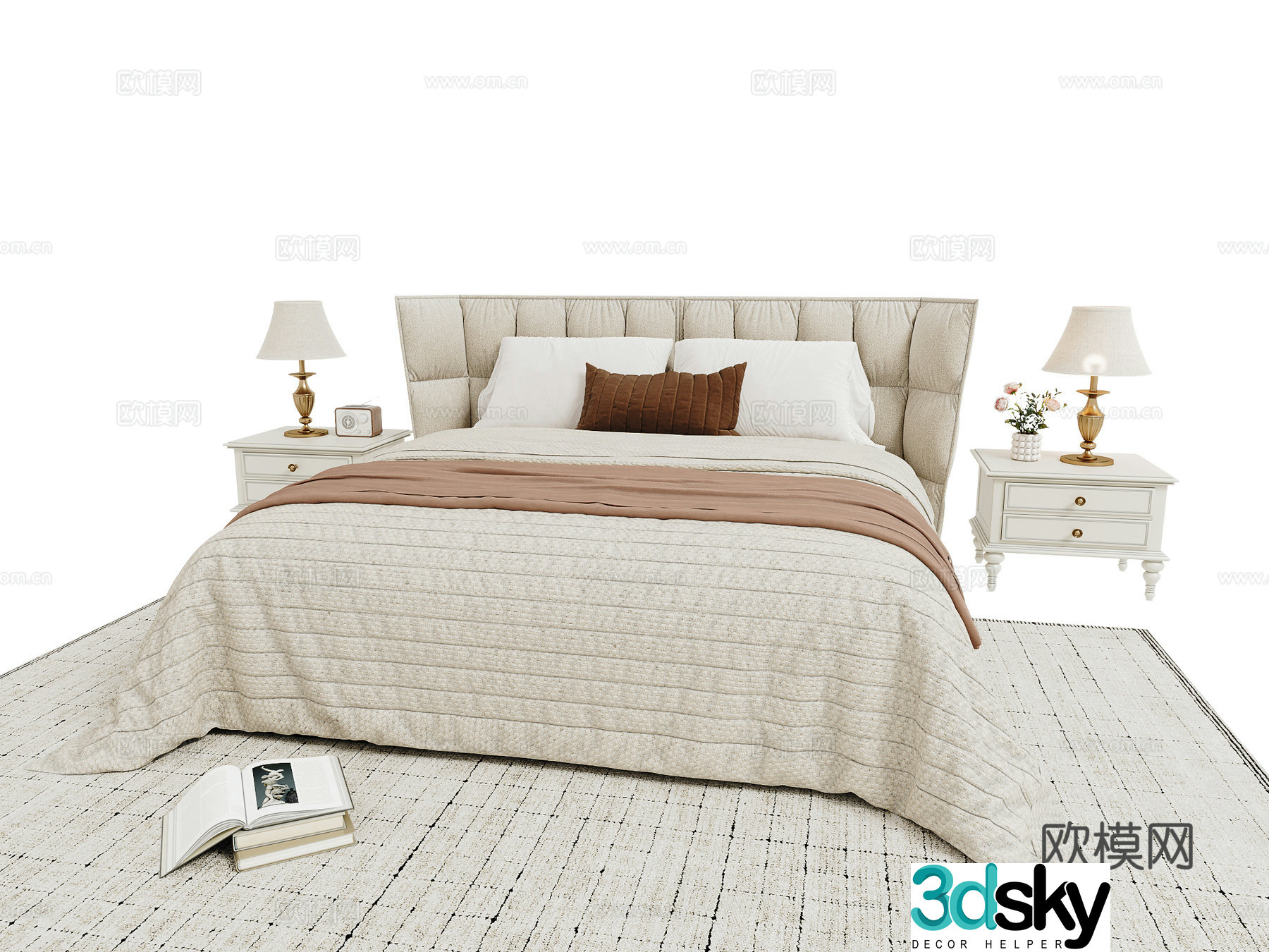 Cream style double bed 3d model