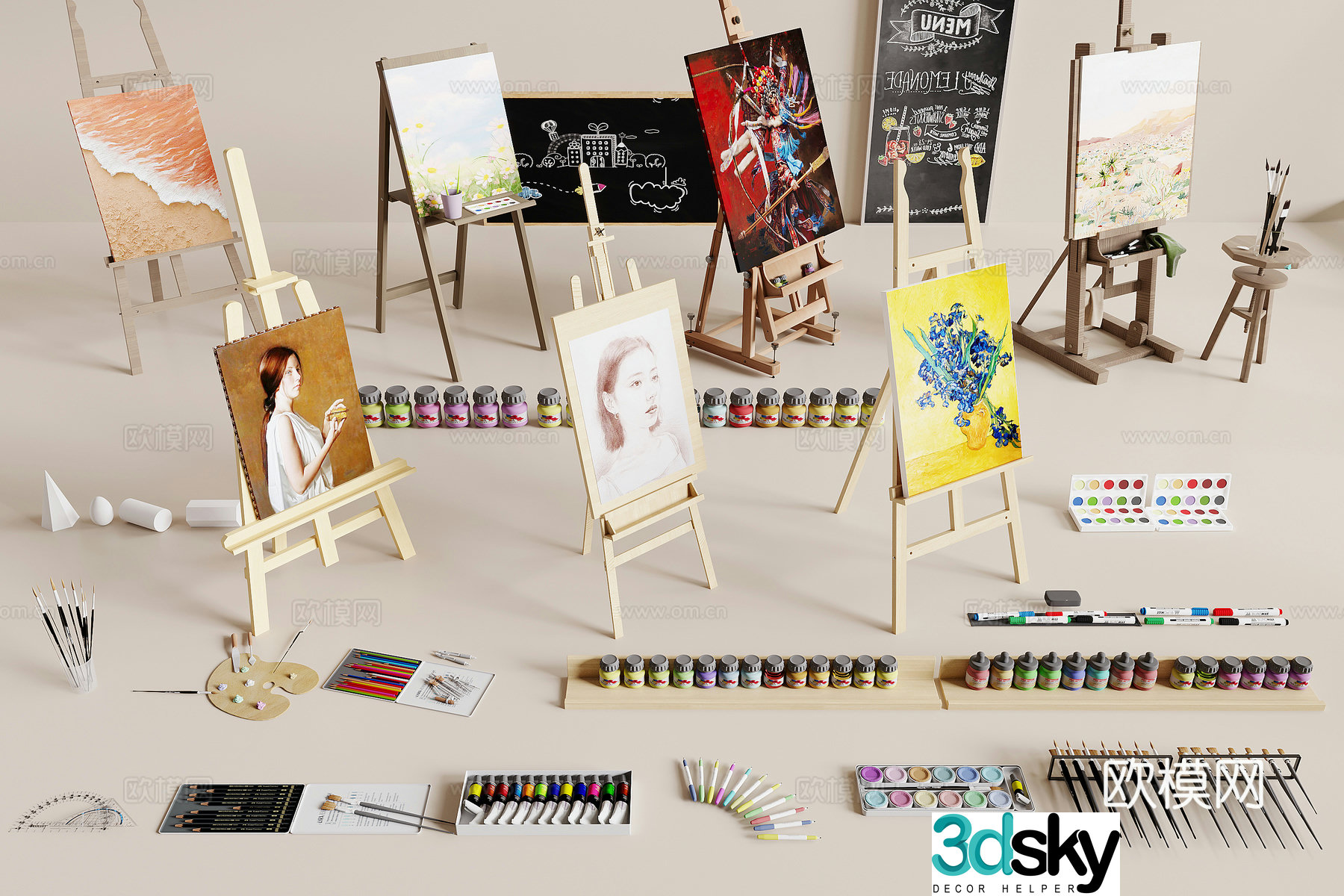 Modern painting tools easel palette 3d model
