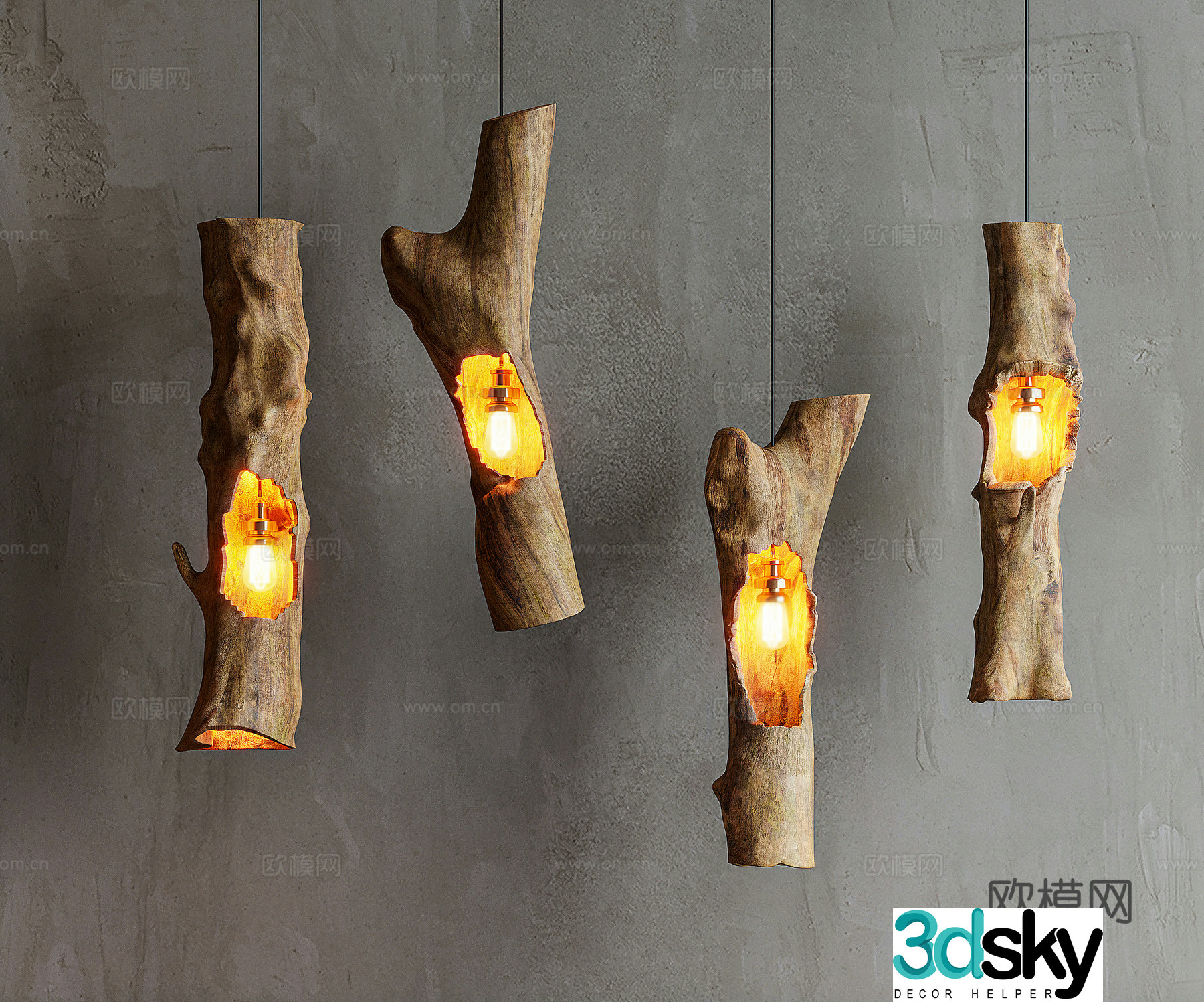 Wabi-sabi chandelier tree trunk chandelier 3d model