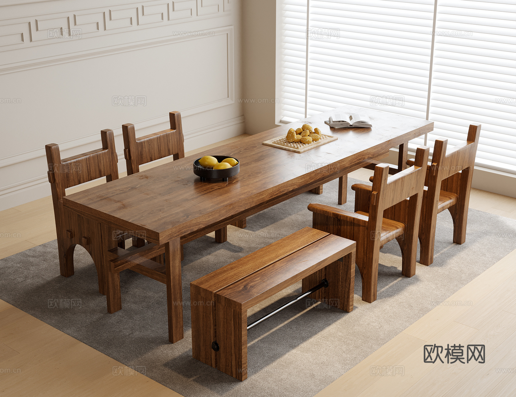 3D model of log style dining table and chairs